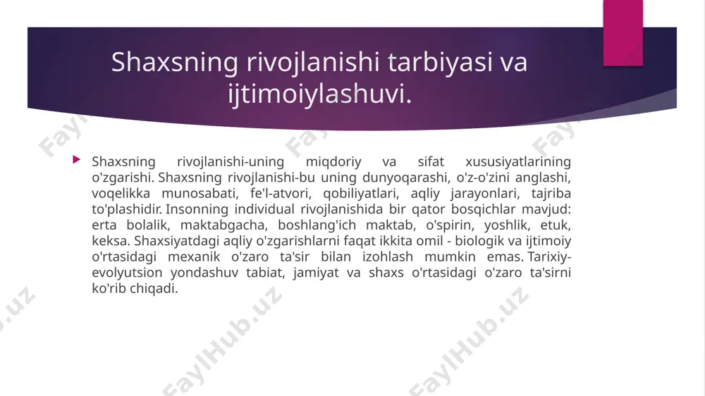 iz. 1. rivojlanish notekislik va heteroxronizm bilan tavsiflanadi. rivojlanishning notekisligi turli xil aqliy funktsiyalar, xususiyatlar va shakllanishlar notekis rivojlanishida namoyon bo'ladi: ularning har biri o'ziga xos ko'tarilish, barqarorlashtirish va pasayish bosqichlariga ega, ya'ni.rivojlanish tebranish xususiyatiga ega. aqliy funktsiyaning notekis rivojlanishi sodir bo'layotgan o'zgarishlarning tezligi, yo'nalishi va davomiyligi bo'yicha baholanadi. 2. rivojlanishning beqarorligi. notekislik va heteroxronizm rivojlanishning beqarorligi bilan chambarchas bog'liq. rivojlanish har doim beqaror davrlardan o'tadi. ushbu naqsh bolalarning rivojlanish inqirozlarida eng aniq namoyon bo'ladi. o'z navbatida, barqarorlikning eng yuqori darajasi, tizimning dinamizmi, bir tomondan, tez – tez, kichik amplituda tebranishlar va boshqa tomondan, turli xil aqliy jarayonlar, xususiyatlar va funktsiyalarning vaqt o'tishi bilan mos kelmasligi asosida mumkin. shunday qilib, barqarorlik beqarorlik tufayli mumkin. 3. rivojlanishning sezgirligi. rivojlanishning sezgir davri-bu aqliy funktsiyalarning tashqi ta'sirlarga, ayniqsa ta'lim va tarbiya ta'siriga sezgirligining oshishi davri. b. g. ananiev sezgirlikni "ma'lum bir o'rganish momentiga sezgir bo'lgan o'zaro bog'liq funktsiyalarning vaqtinchalik kompleks xususiyatlari" va natijada …