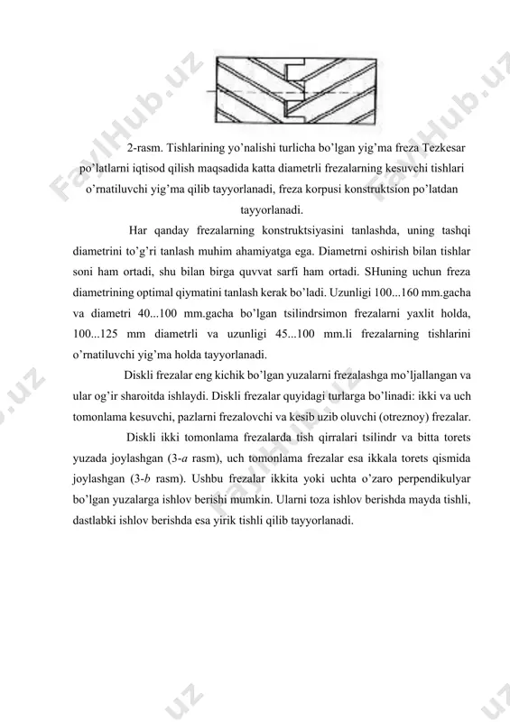 guruxli kesishning turli sxemalari qo’llaniladi. amalda esa kesishning turli sxemalari qo’llaniladi.4-g, d rasmlarda kesishning ikkita sxemasi keltirilgan. birinchi sxemada ikkita yon tishlarda s=0,3·v kenglikka ega bo’lgan faska yo’nilgan. ikkinchi sxemada barcha tishlar ikkitadan tishlar guruxiga bo’lingan, bunda birinchi tishning balandligi ikkinchi tishga nisbatan h=0,15...0,50 mm.ga baland bo’lib, burchaklarida s=0,5...1,8 mm kenglikdagi faskalarga ega. ikkinchisi tozalovchi hisoblanib to’liq holda tayyorlanadi. ikkinchi sxema segmentli arralar va shlitsali sidirgichlarda qo’llaniladi. 4-rasm. kesib oluvchi (otreznoy) frezalar: a – shlitsali frezalovchi va qirqib oluvchi; b – qirqib oluvchi yig’ma; v – segmentli; g, d – kesish sxemalari toretsli frezalarda (1-v, g rasmlar) aylanish o’qi ishlov beriluvchi yuzaga nisbatan perpendikulyar joylashgan. bunda tsilindrsimon yuzada joylashgan bosh kesuvchi qirralardan tashqari frezaning torets qismida φ1 burchak ostida joylashgan yordamchi kesuvchi qirralar ham mavjud. toretsli frezalarni odatda o’rnatiluvchi (nasadnoy) qilib tayyorlanadi. agar ularning diametri uzunligidan ancha miqdorda kam bo’lsa, u holda ular barmoqli frezalar guruxiga mansub bo’ladi. toretsli frezalarni …
