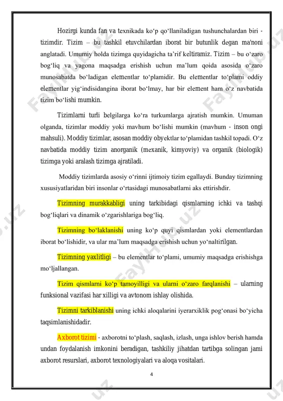 i zamonaviy tashkilotlarning faoliyatida juda muhim rol o'ynaydi va ularning samaradorligini oshirish, raqobatbardoshligini ta'minlash va yangi imkoniyatlar yaratishga yordam beradi. 8 axborotni himoyalash usullari va vositalari axborotni himoya qilish usullari ma'lumotlarning turli xil tahdidlardan himoya qilish uchun qo'llaniladigan texnik va tashkiliy choralarni o'z ichiga oladi. ushbu usullarni quyidagi toifalarga bo'lish mumkin: 1. texnik himoya usullari: * kirishni nazorat qilish: bu foydalanuvchilarning ma'lumotlarga kirish huquqini cheklashni ta'minlaydi. ushbu usullar quyidagilarni o'z ichiga oladi: * parollar: foydalanuvchilarni identifikatsiya qilish va ularning huquqlarini belgilash uchun ishlatiladi. kuchli va noyob parollar qo'llanilishi kerak. * biometrik identifikatsiya: barmoq izi, yuzni aniqlash, iris skanerlash kabi usullar yordamida foydalanuvchilarni tasdiqlash. 9 * ko'p omilli autentifikatsiya: bir nechta tasdiqlash usullaridan (masalan, parol va kod) foydalanish. * kirish nazorati tizimlari: foydalanuvchilarning ma'lumotlarga kirishini nazorat qilish va kuzatish uchun mo'ljallangan dasturiy ta'minot. * ma'lumotlarni shifrlash: ma'lumotlarni o'qilmaydigan shaklga o'tkazish. shifrlash algoritmlari va kalitlarning xavfsizligi muhim ahamiyatga ega. * firewall: tarmoq …