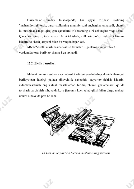 llar qirqib olinadi. keyingi vaqtlarda kiyim detallarini o`yib oladigan presslar ishlatila boshlagani munosabati bilan gazlamani to`g`ridan-to`g`ri rulondan bichib olishga harakat qilinmoqda. gazlamani bichishning ikki xil usuli; gazlamani universal asbobda bichish va maxsus asbobda bichish usullari bor. konstruktsiya jihatidan xilma-xil qaychilar va arralar ishlatib, gazlamani bichishning universal usuli kengrok tarqalgan. bunday usulda to`qimachilik materiallarini har kaday fason va har qanday o`lchamdagi kiyimlarga mo`ljallab bichaverish mumkin. bunda bir xil kiyimlarni bichishdan ikkinchi xil kiyimlarni bichishga o`tishda bichish uskunasi ham, qirqish asbobi ham o`zgartirilmaydi. universal asbobda gazlama bichishning eng asosiy afzalligi ham ana shundan iborat. universal usulning kamchiliklari shuki, bunda kiyim detallari aniq bichib olinmay balki kengaytiribroq qirqiladi va bichish jarayonining o`zidan oldingi ishlar, qavatlarni to`shash va tekislash ko`p mehnat talab qiladi. ommaviy tikishning rivojlanishi, tikuvchilik fabrikalarining ixtisoslanishi, mehnat unumdorligini yanada oshirish va tikuvchilik mahsulotlari sifatini yaxshilash zarurati gazlama bichishning samaraliroq usullarini topishni talab qildi. natijada gazlama bichishning yangi-yangi usullari, jumladan, presslarda, rotatsion …