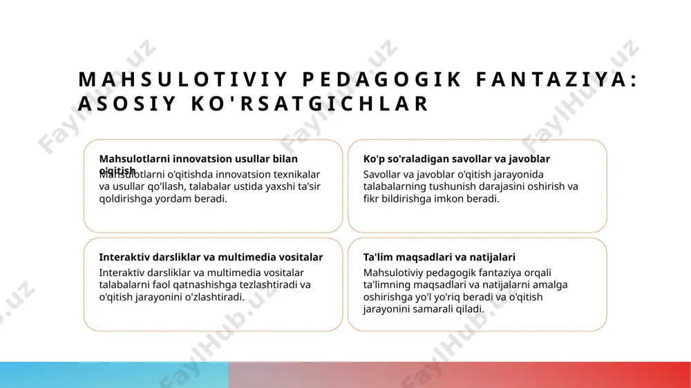 itishda yaratuvchi texnologiyalarni qo'llash, talaba qiziqishini oshirish va o'qitish jarayonini jiddiy darajada yanada rivojlantirishga yo'l beradi. 2 yaratuvchi o'qitish metodlari yaratuvchi o'qitish metodlari, kasbiy pedagogik fantaziyani amalga oshirish uchun innovatsion usullarni qo'llash va talabalar bilan maslahatlashishni o'z ichiga oladi. 3 texnologik o'qitish asboblar o'qitish jarayonida yangi texnologik asboblar va dasturlar yaratish o'qitishni yanada qiziqarli va samarali qilishga yordam beradi. 4 mahsulotiviy o'qitishning o'ziga xosliklari mahsulotiviy o'qitishning o'ziga xosliklari, o'qitishning natijalarini oshirish va talabalar orasida samarali ta'lim jarayonini tashkil etishda katta ahamiyatga ega. mahsulotiviy pedagogik fantaziya: talabalar bilan ishlashning usullari 1 mahsulotiviy pedagogik fantaziyaning ahamiyati mahsulotiviy pedagogik fantaziya talabalar bilan ishlashda o'quv jarayonini yanada qiziqarli va samarali qilishda muhim ahamiyatga ega. 2 talabalarni qiziqtirish usullari talabalarni qiziqtirish uchun mahsulotiviy pedagogik fantaziyani qo'llash, interaktiv dars usullaridan foydalanish va yangiliklarni joriy etish muhimdir. 3 o'quv jarayonini samarali qilishning qulay usullari o'quv jarayonini samarali qilish uchun talabalarning qiziqishlariga muvofiq, masofaviy ta'lim vositalaridan foydalanish va …