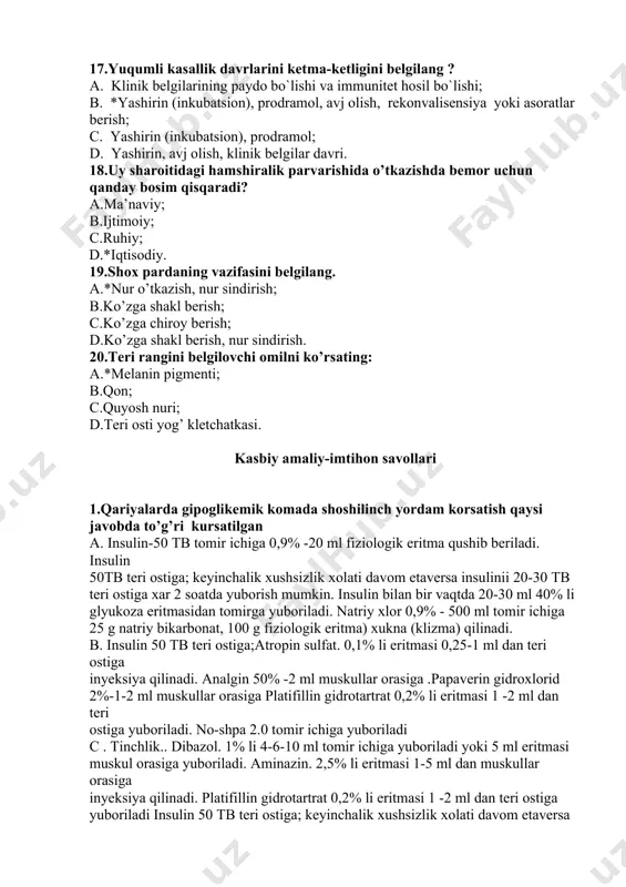 nyeksiya qilinadi. analgin 50% -2 ml muskullar orasiga .papaverin gidroxlorid 2%-1-2 ml muskullar orasiga platifillin gidrotartrat 0,2% li eritmasi 1 -2 ml dan teri ostiga yuboriladi. no-shpa 2.0 tomir ichiga yuboriladi c . tinchlik.. dibazol. 1% li 4-6-10 ml tomir ichiga yuboriladi yoki 5 ml eritmasi muskul orasiga yuboriladi. aminazin. 2,5% li eritmasi 1-5 ml dan muskullar orasiga inyeksiya qilinadi. platifillin gidrotartrat 0,2% li eritmasi 1 -2 ml dan teri ostiga yuboriladi insulin 50 tb teri ostiga; keyinchalik xushsizlik xolati davom etaversa insulinii 20-30 tb teri ostiga xar 2 soatda yuborish mumkin. d.* agar bemorning xushi joyida bo’lsa, o’nga 50-100 g non va 1-2 chakmok qand beriladi yoqi bir stakan shirin choy beriladi. bexush xolatdagi bemorga 50 ml 40% li glyukoza eritmasidan tomir ichiga yuboriladi, agar u xushiga kelmasa. 5-10 dakika otkazib, 0,5-1 ml 0,1% li adrenalin gidroxlorid eritmasidan takror yuboriladi. gidrokortizon. bir kecha kunduzda 50 mg tomir ichiga, .kordiamin. …