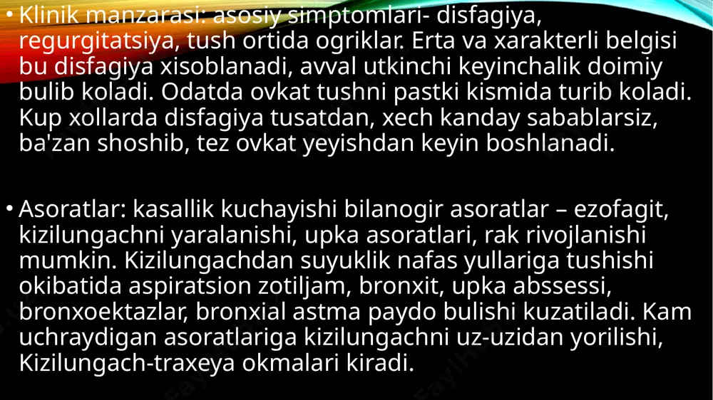 sizning vaziyatingizga bog'liq. boshqaruv variantlari quyidagilarni o'z ichiga oladi: ahvolingizni kuzatib boring - bu kuzatuv deb ataladi oshqozon kislotasini to'xtatish uchun dorilar oziq-ovqat trubkasi valfini mustahkamlash uchun jarrohlik ta'sirlangan hududni endoskop orqali olib tashlash - bu endoskopik shilliq qavat rezektsiyasi (emr) deb ataladi. radiochastota ablasyonu (rfa) orqali zararlangan hududni yo'q qilish ta'sirlangan hujayralarni o'z ichiga olgan hududni olib tashlash uchun jarrohlik anormal hujayralarni yo'q qilish uchun boshqa muolajalar, masalan, yorug'lik terapiyasi (fotodinamik terapiya) yoki muzlatish bilan davolash (kriyoterapiya). e`tiboringiz uchun raxmat image2.png image3.png image4.png image5.png image1.png /docprops/thumbnail.jpeg