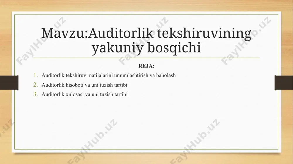 chun zarur bo’lgan, auditorga o’z vaqtida taqdim qilinmagan dastlabki hujjatlar yoki ma’lumotlarga doir xo’jalik muomalalari; mutaxassislarning hisob-kitoblaridagi nomuvofiqliklar; inventarizatsiya natijasida aniqlanib, dalolatnoma va taqqoslash vedomostlari bilan rasmiylashtirilgan, lekin etarli darajada tahlil qilinmagan va tuzatilmagan katta tafovutlar; katta tafovutlarning tasdiqlanmaganligi va auditor so’rovlariga kutilgan javoblar olinmaganligi; tekshiruv uchun tanlab olingan, zarur dastlabki hujjatlar yoki tegishli ruxsat etuvchi ko’rsatmalar taqdim qilinmagan xo’jalik muomalalari. auditor to’plangan dalillar etarliligini baholashda ushbu holatlar aniqlangan bosqichni (rejalashtirish, audit o’tkazish) hisobga olishi kerak. shuningdek, katta xatolar xatarini dastlabki baholash va batafsil tekshirish rejalari ham e’tiborga olinishi lozim. agar bunday holatlar rejalashtirish bosqichida aniqlangan va hisobga olingan bo’lsa, unda auditor to’plangan dalillarning etarliligiga va rejalashtirilgan hamda qo’shimcha auditorlik amallarini bajarishning maqsadga muvofiqligiga baho berishi zarur. auditorlik tekshiruvining asosiy bosqichlarini o’tkazish natijalari audit o’tkazishdan qo’yilgan maqsadga erishilganlik darajasini baholagan holda auditorning ishchi hujjatlarida qaid qilinishi lozim. masalan, audit o’tkazish dasturining «debitor va kreditor qarzlarni tekshirish» bo’limi bo’yicha o’tkazilgan audit …