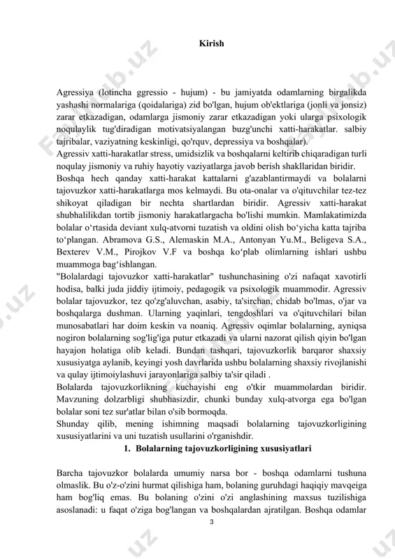 olmaydi, ulardagi ma'noni ko'ra olmaydi yoki maqsadlar qo'ya olmaydi. uning uchun dunyo betartiblik va u tasodifiy "nima bo'lsa ham" javob beradi. agressiv ta'sirchan va charchagan bola. umuman olganda, norozilik insonning aloqa sheriklari tomonidan e'tiborga olinmasligi yoki rad etilishining og'riqli tajribasi sifatida tushunilishi mumkin. bu tajriba muloqotga kiritiladi va boshqasiga yo'naltiriladi. norozilik hodisasi maktabgacha yoshda paydo bo'ladi. bolaning ta'sirchanligi nafaqat tarbiyadagi kamchiliklar yoki o'rganishdagi qiyinchiliklar, balki o'sib borayotgan og'riqlar, asab tizimi va tananing etukligining o'ziga xos xususiyatlari bilan ham bog'liq bo'lishi mumkin. ko'tarilgan sezgirlik, asabiylashish va zaiflik tajovuzkor xatti-harakatni keltirib chiqarishi mumkin. xafagarchilik holatida bola to'g'ridan-to'g'ri yoki bilvosita jismoniy tajovuzni ko'rsatmaydi (u jang qilmaydi, jinoyatchiga hujum qilmaydi, undan o'ch olmaydi). g'azabning namoyon bo'lishi o'zining "huquqbuzarligi" ning ta'kidlangan namoyishi bilan tavsiflanadi. xafa bo'lgan odam o'zining barcha xatti-harakatlari bilan jinoyatchiga aybdor ekanligini ko'rsatadi va u kechirim so'rashi yoki qandaydir tarzda yaxshilanishi kerak. bolalarning xafagarchilik holatidagi xatti-harakatlari qiziqarli va paradoksal xususiyatga ega. bir tomondan, …