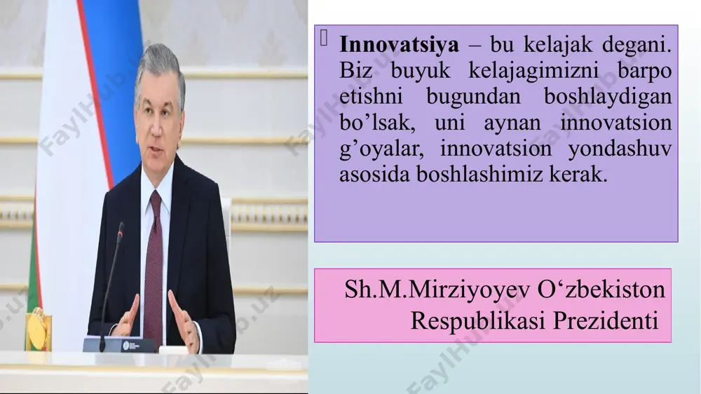 otining mas’uli bo‘lgan yangi texnika, texnologiyadan samarali foydalanish;-yangi g‘oyalarni ishlab chiqish, sintezlash, yangi nazariya va modellarni yaratish va ularni hayotga tatbiq etishdan iboratdir. iii. o’zbekiston respublikasini innovatsion rivojlantirishning ahamiyati testlar image1.jpg image2.tmp image3.tmp image4.tmp image5.jpeg image6.jpeg image7.jpeg image8.tmp image9.tmp image10.tmp image11.tmp image12.tmp image13.tmp /docprops/thumbnail.jpeg