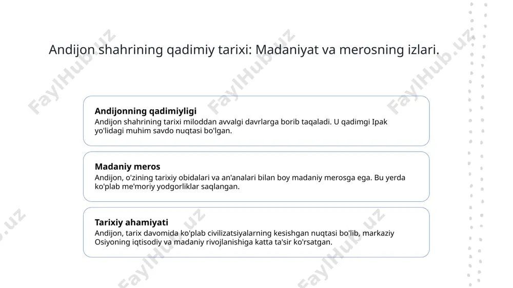 i roli. andijon shahrining savdo va sanoat markazi sifatida roli juda muhimdir. bu yerda qishloq xo'jaligi mahsulotlari, to'qimachilik va oziq-ovqat sanoati rivojlangan. shahrimizning iqtisodiy salohiyati, transport tarmoqlari va bozor infratuzilmasi orqali kengayib bormoqda. photo by traxer on unsplash agrar sektor va andijon: qishloq xo'jaligi rivoji. agrar sektori tarixi andijon agrar sektori qadimdan rivojlangan. bu yerda paxta, g'alla va meva yetishtirish an'analari mavjud, bu esa iqtisodiy barqarorlikni ta'minlaydi. qishloq xo'jaligi innovatsiyalari andijon qishloq xo'jaligida zamonaviy texnologiyalar qo'llanilmoqda. hidroponika va suv tejash metodlari ishlab chiqarishni oshirishda muhim rol o'ynaydi. iqtisodiy ta'sir andijon agrar sektori mintaqa iqtisodiyotida muhim o'rin egallaydi. qishloq xo'jaligi mahsulotlari eksporti orqali mamlakat daromadlarini oshiradi. andijon iqtisodiyoti va global iqtisodiyotdagi o'rni. 1 andijon iqtisodiyoti - andijon iqtisodiyoti, asosan qishloq xo'jaligi va sanoatga asoslangan. shahar, oziq-ovqat mahsulotlari va to'qimachilik sanoati bilan mashhur. 2 global aloqalar - andijon, markaziy osiyodagi savdo yo'llarining kesishgan joyida joylashgan. bu, shaharni global iqtisodiyotda muhim rol o'ynovchi …
