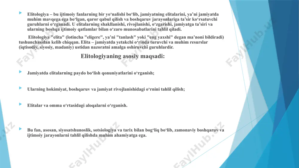 ijtimoiy o'zgarishlarga ta'sir o'tkazish orqali jamiyatga ta'sir ko'rsatadi. 6 siyosiy, iqtisodiy, ijtimoiy, madaniy, huquqiy elitalar siyosiy elitalar siyosiy elitalar davlat boshqaruvining eng yuqori darajalarida joylashgan va siyosiy qarorlarni qabul qilishda muhim rol o'ynaydi. ular davlat organlari, siyosiy partiyalar, nodavlat tashkilotlarning rahbarlari bo'lishi mumkin. iqtisodiy elitalar iqtisodiy elitalar jamiyatning iqtisodiy hayotini boshqarishda muhim rol o'ynaydi. ular yirik kompaniyalar, banklar, moliyaviy institutlarning rahbarlari bo'lishi mumkin. ular o'z ta'sir doirasidan foydalanib, iqtisodiy siyosatni shakllantirishga harakat qilishadi. ijtimoiy elitalar ijtimoiy elitalar ijtimoiy obro'ga ega bo'lgan, jamiyatda muhim rol o'ynaydigan shaxslardir. ular ilmiy, madaniy, sport sohalarida yutuqlarga erishgan, ijtimoiy faol bo'lgan, jamiyatda obro'li shaxslar bo'lishi mumkin. madaniy elitalar madaniy elitalar san'at, adabiyot, musiqa, teatr, kino kabi sohalarda yutuqlarga erishgan shaxslardir. ular jamiyatning madaniy rivojlanishiga hissa qo'shadi, jamoatchilik fikriga ta'sir ko'rsatadi. huquqiy elitalar huquqiy elitalar huquq sohasida muhim rol o'ynaydigan shaxslardir. ular sud organlari, prokuratura, advokatura, huquqni muhofaza qilish organlarining yuqori lavozimlarida xizmat qilishi mumkin. ular …