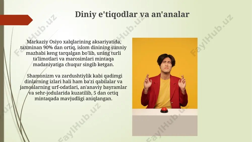 srda temuriylar davrida o'zining yuksalishiga yetdi, shu davrda samarqand, buxoro va hirot shaharlari ulkan madaniy va arxitektura markazlariga aylandi, ko'plab masjidlar, madrasalar va saroylar qurildi. an'anaviy hunarmandchilik va san'at suzani, adras va ipak matolar kabi an'anaviy matolarni yaratishda 20 dan ortiq tabiiy bo'yoqlardan foydalaniladi, bu ularga noyob ranglar beradi. markaziy osiyo xalqlari orasida 500 yildan ortiq tarixga ega bo'lgan yog'och o'ymakorligi va metall buyumlarni bezash kabi san'at turlari saqlanib qolgan. adabiyot va she'riyat sovet davrida, adabiyotda sotsialist realizmi uslubi hukmron bo'lib, taxminan 300 dan ortiq yozuvchilar milliy identifikatsiya va tarixga bag'ishlangan asarlar yaratdilar. 19-asrda, jadidchilik harakati davrida, yangi adabiy uslublar va janrlar, jumladan, qissa va romanlar paydo bo'ldi, milliy uyg'onishga turtki bo'ldi. e'tiboringiz uchun rahmat @taqdimot_robot image1.jpg image2.jpg image3.jpg image4.jpg image5.jpg image6.jpg image7.jpg image8.jpg image9.jpg image10.jpg image11.jpg image12.jpg