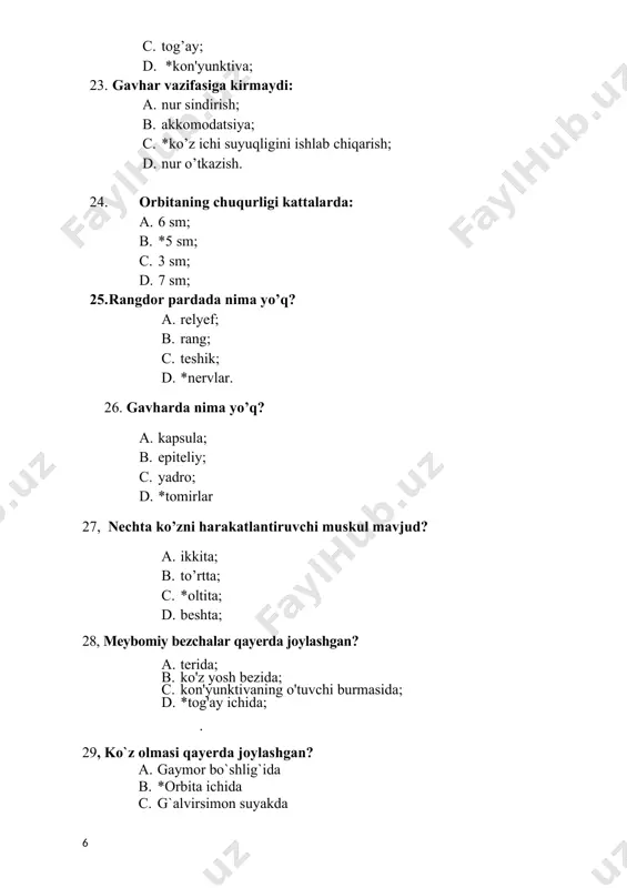 paypaslab tekshirilganda qattiqroq tuyuldi. u qanday belgilanadi? a. tn b. *t+1 c. t-1 d. t+3 48.yangi tug`ilgan chaqaloqlarda ko`rish o`tkirligi qanday bo`ladi? a. baland b. past c. *juda past d. juda baland 49.ko`rish o`tkirligi qaysi yoshda normal bo`ladi? a. 1 yoshda b. 3-5 yoshda c. *5-15 yoshda d. 18-20 yoshda 50.ko`rish o`tkirligi kattalarda qaysi jadvalda aniqlanadi? a. orlova b. *sivsev-golovin c. rabkin d. golovin 51.sivsev-golovin jadvali nechta qatordan iborat? a. 15 b. 10 c. 8 d. *12 52. orlova jadvalida ………………… bor? a. kirilcha harflar, landolt halqalari b. yulduz, mashira , ot, xo`roz c. landolt halqalari, yulduz, ot d. kirilcha harflar, mashina, xo`roz 53.ko`rish o`tkirligi necha metrlan tekshiriladi? a. 10m b. 3 m c. *5 m d. 4 m 54. so`g ko`z sivsev jadvalining nechanchi qatorini ko`rishi shart? a. hammasini b. *10 c. 8 d. 6 55.agar bemor 5 metrdan 6-qatorni ko`rsa , uning ko`rish o`tkirligi? a. 1.0 b. 6.0 …
