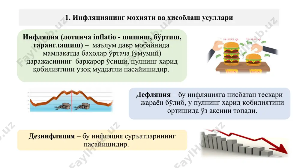 ldan ham foydalaniladi. misol uchun, yillik inflyatsiya darajasi 7 % ga teng bo'lsa, taxminan 10 yilda baholar ikki martaga oshadi, ya'ni, (70:7 = 10). inflyatsiya narx indeksi yordamida bazis davrga nisbatan o'lchanadi. narxlar indeksi joriy davrdagi iste'mol narxlarini bazis davrdagi iste'mol narxlariga nisbati orqali aniqlanadi: ni=(tnj/tnb)*100%, bu erda: ni – narxlar indeksi; tnj – joriy davrdagi iste'mol tovarlari narxi; tnb – bazis davrdagi iste'mol tovarlari narxi. narxlar indeksidan foydalangan holda inflyatsiya sur'atini (is) quyidagi formula orqali aniqlash mumkin: is=(tnj-tnb)/tnb*100%. masalan, iste'mol tovarlarining narx indeksi 2008 yilda 112,6% ga, 2007 yilda 116,8% ga teng bo'lsa, inflyatsiya sur'ati quyidagicha bo'ladi: inflyatsiya sur'ati = (116,8-112,6)/112,6*100% =3,7%. inflyatsiyaning sabablari ortiqcha talabning mavjudligi ishlab chiqarish xarajatlarining oshishi bozorning monopol-lashuvi ortiqcha pul emissiyasi keynschilar inflyatsiyaning vujudga kelish sababi to'liq bandlik sharoitida yalpi talabning o'sishidan iborat shu sababli ular iqtisodiy inqiroz sharoitida qo'shimcha pul emissiyasi hisobiga yalpi talabni ko'paytirish inflyatsiyaga olib kelmaydi deb hisoblashadi. inflyatsiyaning sababi ishlab …