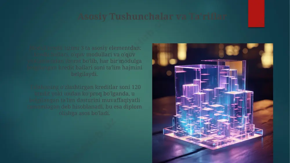 am beradi. baholash va monitoring tizimi baholash va monitoring tizimi kredit ballarini 5 ball shkalasi bo'yicha baholashni, har bir modul uchun 100 ballgacha bo'lgan ballarni hisoblashni va ta'lim jarayonini kuzatishni o'z ichiga oladi. monitoring qismi, 2 haftada bir marta o'qituvchilar tomonidan talabalarning progressini kuzatib borishni, ularning qiyinchiliklarini aniqlashni va o'qitish jarayonini moslashtirishni ta'minlaydi. xalqaro tajriba va eng yaxshi amaliyotlar xalqaro tajribalar shuni ko'rsatadiki, 10 dan ortiq mamlakatda modul kredit tizimining samaradorligi 25% ga oshgan, bu esa talabalarning o'zlashtirish ko'rsatkichlarini yaxshilashga olib kelgan. eng yaxshi amaliyotlar tahlili shuni ko'rsatdiki, 50 dan ortiq universitet modul kredit tizimini joriy qilish orqali talabalarga moslashuvchan o'quv rejalarini tuzish imkoniyatini yaratgan. e'tiboringiz uchun rahmat @taqdimot_robot image6.jpg image7.jpg image8.jpg image9.jpg image10.jpg image11.jpg image12.jpg image13.jpg image14.jpg image15.jpg image16.jpg image17.jpg image18.jpg image19.jpg image20.jpg image21.jpg image22.jpg image2.png image3.png image4.png image5.png