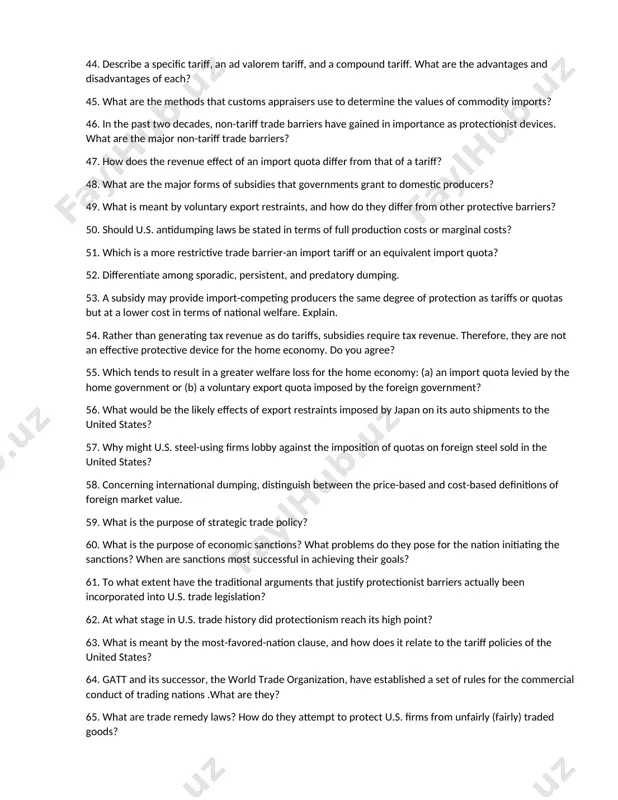 do these concepts relate to a country's economic welfare? 36. when a nation imposes a tariff on the importation of a commodity, economic inefficiencies develop that detract from the national welfare. explain. 37. what factors influence the size of the revenue, protective, consumption, and redistributive effects of a tariff? 38. a nation that imposes tariffs on imported goods may find its welfare improving should the tariff result in a favorable shift in the terms of trade. explain. 39. which of the arguments for tariffs do you feel are most relevant in today's world? 40. although tariffs may improve the welfare of a single nation, the world's welfare may decline. under what conditions would this be true? 41. what impact does the imposition of a tariff normally have on a nation's terms of trade and volume of trade? 42. would a tariff imposed on u.s. oil imports promote energy development and …