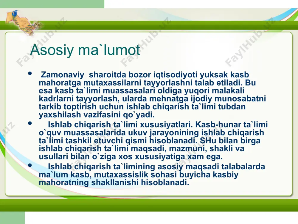 `p martalab takrorlash tushuniladi. mashqlarni mazmuni va o`tkazish usullari xususiyatlariga qarab guruhlarga ajratish mumkin. mashqlar ikki xil yondashuv – asosida tuzilishi mumkin. birinchisiga didaktik maksadlar bo`yicha ko`nikmalarni shakllantirishga yo`naltirilgan mashqlar; boshlang’ich maxoratni va murakkab maxorat shakllantirishga yo`naltirilgan mashqlar kiradi. ikkinchisiga mazmun bo`yicha: ish usullarini bajarishda yo`naltirilgan mashqlar; ish jarayonlarini bajarishda yo`naltirilgan; texnologik jarayonlarni boshqarishga yo`naltirilgan mashqlar kiradi. ishlab chikarish ta`limi jarayonida talabalarning kasbiy maxoratni shakllantirish maqsadida ketma-ket murakkablashib boruvchi mashklar tizimi ishlab chiqilishi lozim. . bu usul asosan murakkab tuzilishdagi jixozlarga xizmat ko`rsatish bilan bog’liq kasbni egallamokchi bo`lgan talabalarning ishlab chiqarish ta`limida qo`llaniladi. kuzatuv talabalar tomonidan mustaqil ravishda, ishlab chikarish ta`limi ustasining nazorati va uning ko`rsatmalari bo`yicha o`tkaziladi. topshiriqda odatda mustaqil kuzatuvlar maqsadi qo`yiladi, ularni o`tkazish tartibi ko`rsatiladi va kuzatuvlar natijalarini qayd qilish bo`yicha ko`rsatmalar beriladi. talabalarning mustaqil kuzatuvi yozma ko`rsatma berish. bu usulni qo`llash ishlab chiqarish ta`limi darslarida mustaqil axborot manbai xisoblangan turli xil ko`rsatmali o`quv hujjatlaridan foydalanish bilan …