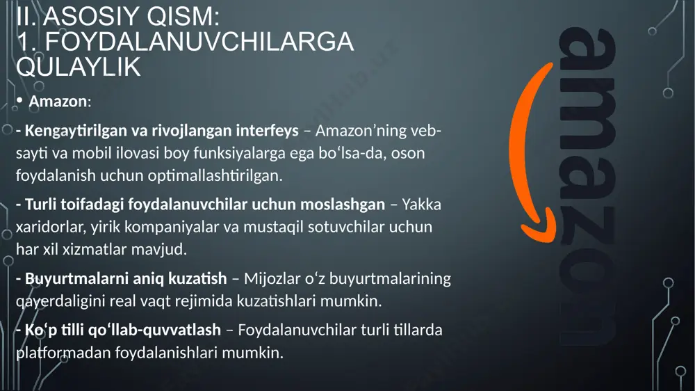 mida xizmat ko‘rsatadi. tez javob berish tizimi – ko‘pgina foydalanuvchilar mijozlarni qo‘llab-quvvatlash xizmatiga nisbatan ijobiy fikr bildirgan. pulni qaytarish kafolati – temu mahsulotlar sifatsiz bo‘lsa yoki yetkazib berishda muammo bo‘lsa, pulni to‘liq qaytarib berishga tayyor. iii. xulosa temu arzon narxlari, ijtimoiy tarmoqlardagi kuchli reklama strategiyalari va to‘g‘ridan-to‘g‘ri yetkazib beruvchilar bilan ishlashi orqali tez rivojlanmoqda. amazon esa global yetkazib berish tizimi va ishonchliligi bilan ajralib turadi. o‘zbekiston bozorida amazon nisbatan ishonchli va barqaror variant bo‘lsa, temu esa past narxlari bilan xaridorlarni jalb qiladi, lekin yetkazib berish va to‘lov masalalarida hali ba’zi noaniqliklar mavjud. image1.png image3.jpeg image4.png image5.png image6.png image7.png image8.jpeg image9.png image10.jpeg image11.png image12.png image13.jpeg image14.png image15.jpeg /docprops/thumbnail.jpeg