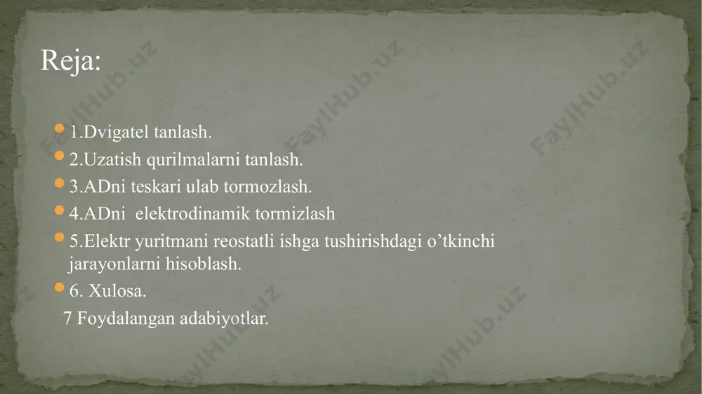 tatic yuklamalarni o’zgarishidagi o’tkinchi jarayonlar ta’sir etishini yodda tutish lozim. tanlangan dvigatelni o’tkinchi jarayonlari va dinamik yuklamalari hisoblanib tekshiriladi, ya’ni m = mc + j(dω/dt) bu erda, m – dvigatel validagi moment, mc – ishchi mexanizmni static moment, j(dω/dt) – o’tinchi jarayonlarda hosil bo’ladigan dinamik moment. 6.2. dvigatel tanlash. ishchi mexanizmning yuklanish diagrammasi mc = f(t) ni 6.1-jadval kattaliklari bo’yicha quriladi. 6.1 –jadval: ishchi mexanizmining yuklanish diagrammasi a-variant mc , nm 500 300 250 150 226 250 200 ωm = 50 rad/sek t, sek 60 240 125 50 200 140 200 jm = 12 kg∙m2 elektr yuritmani ish rejimi – davomiy uzatma – 2 pog’onali reduktor, ƞr = 0,96 dvigatel turi – mq o‘td dvigatelning quvvatini ekvivalent static moment bo’yicha aniqlash mumkin = =347.438nm 1- rasm: mexanizmni yuklanish diagrammasi. bu erda, k3 = 1,1÷1,3 yuklanish diagrammani notekisligini hisobga oluvchi koeffitsient. ishchi mexanizm validagi quvvat: pm = mc.ek∙ωm=347,438*50=17341,9kvt elektrodvigatelni hisobiy quvvati: …