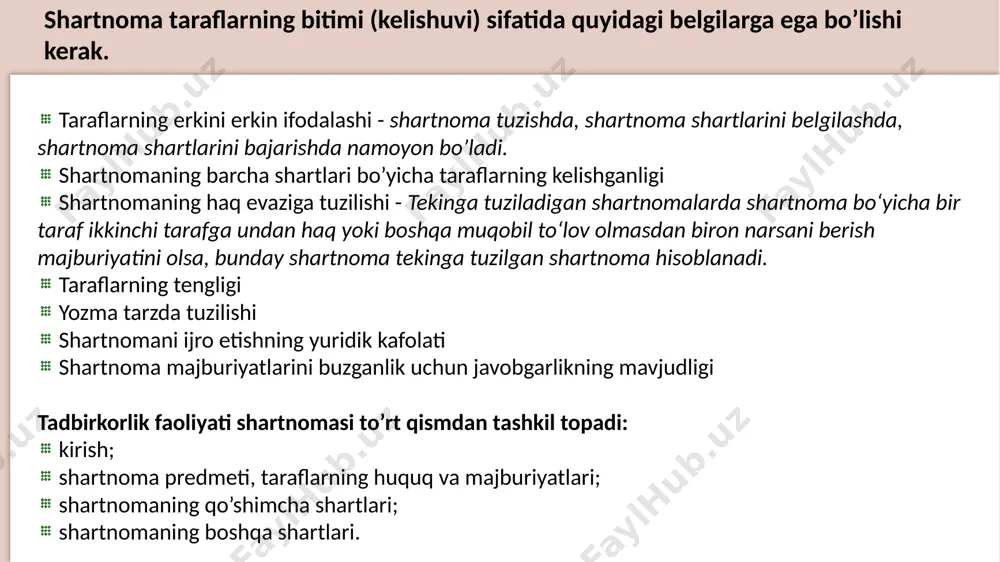 asoslantirilgan yozma javoblar olish; - boshqa taraflarning iqtisodiy ahvoli, nufuzi va ishchanlik jihatlari xususidagi ma’lumotlarni to’plash; - o’z huquq va qonuniy manfaatlarini himoya qilishning qonunda nazarda tutilgan vositalri va usullarini qo’llash. - shartnomalari to’g’risidagi qonun hujjatlarining talablariga rioya etishlari; - qonun hujjatlarida nazarda tutilgan hollarda shartnomalarining o’z vaqtida tuzilishini ta’minlash; - tuzilgan shartnomalar bo’yicha zimmalariga olingan majburiyatlarni o’z vaqtia va tegishli tartibda bajarishlari shart. shartnomaning tarkibiy qismlari angliyada quyidagilarga ham, yozma rasmiy ofertadan tashqari, oferta deb qaraladi: tovarlarni narxi bilan magazin derasasiga qo’yish; broshura , katalog, reklama; kompaniyaning yutuqlarini ko’rsatuvchi tanishtiruv kitobchasi; kim oshdi savdosi; tender 1. ushbu kuponda oferta va aktsept holati mavjudmi? 2. oferent va aktseptant kim? 3. nima taklif qilinmoqda? shartnomaning tarkibiy qismlari taraflarning huquq va majburiyatlari - bu qism shartnomalar uchun majburiy emas, ammo, bunday shartlar mavjud bo’lgan taqdirda taraflar huquq va majburiyatlriga, shuningdek, ularni bajarish tartibiga ta’sir qiladi. 3.0 rights and obligations of the parties …