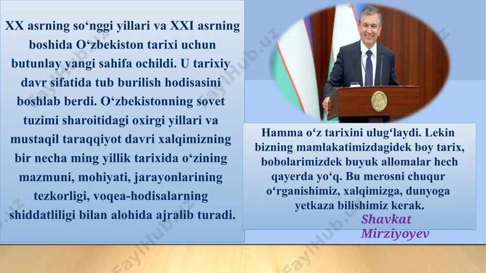 o’zbekiston respublikasiga rahbar etib tayinlanishi 1989 yil 21 oktyabr – o’zbekiston respublikasini “davlat tili haqida” gi qonunini qabul qilinishi 1990 yil 24 mart – o’zbekistonda prezidenrlik lavozimini joriy etilishi 1990 yil 20 iyun – “mustaqillik deklaratsiyasi” ni qabul qilinishi 1991 yil 31 avgust – eng muhim qadam: o’zbekiston respublikasini mustaqilligini e’lon qilinishi mustaqillikni mustahkamlashishi 1991 yil 18 noyabr – o’zbekiston respublikasi davlat bayrog’i qabul qilindi 1992 yil 2 iyun – o’zbekiston respublikasi davlat gerbi qabul qilindi 1992 yil 8 dekabr – o’zbekiston respublikasi davlat konstitutsiyasi qabul qilindi 1992 yil 10 dekabr – o’zbekiston respublikasi davlat madhiyasi qabul qilindi 1994 yil 1iyul – o’zbekiston respublikasi milliy valyuta – so’m muomalaga kiritildi taraqqiyot strategiyasi – farovon kelajagimiz kafolati " sayyoramizning ertangi kuni, farovonligi farzandlarimiz qanday inson bo’lib kamolga yetishi bilan bog’liq. bizninnig asosiy vazifamiz – yoshlarning o’z salohiyatini namoyon qilishi uchun zarur sharoitlar yaratishdan iborat. o’zbekiston respublikasi prezidenti shavkat mirziyoyevning bmt bosh …