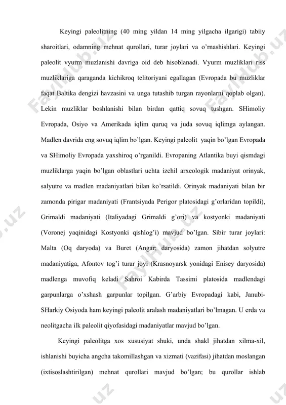 ishni) ko’rsatadi. yuqori paleolit turar joylarida keskichlar, tarashlagichlar, yung’ichlar pichoklar, teshkichlar, tillar, mayza uchlari, chanchak (sanchki), mayzalar manza irg’itgichlar, garpunlar, ko’zli ninalar, pardozlagich, teshikli suyak kassalar, "yulboshchilar xassalari", "boshliqlar hassalari", nomlari bilan ma’lum, mayza soplarini, mayazalar kamon o’qlarini to’g’rilash uchun ishlatilgan moslamalar topilmoqda. yuqorida sanab chiqilgan qurollardan faqat turli tuman tipdagi ikkita qurol keskichlar va tarashlagichlar eng muhim qurollar bo’lgan odamlar keskichni qurollar ishlab chiqarish uchun yaratishgan. katta materiallardan (suyak va mugizdan) qurollar yasashda keskichda foylalanishgan. tarashlagichlar bilan yumshoq materiallar (teri, yog’och)ga ishlov berilgan. tarashlagich muste tarashlagichidan farq qilib, ish bajaruvchi yoysimon qismi bo’lgan, uzun plastinadan iborat. ba’zi bir qurollar qulay bo’lishi va ularning durust ishlashi uchun bu qurollarga gardishlar va sop (dasta)lar o’rnatilgan. sop chaqmoqtoshga bog’lab quyilgan. shu tariqa sostavli (tartibli) qurollar paydo bo’lgan; bunday qurollardan foydalanishga o’tish qurol yasasa texnikasini rivojlantirish va murakkablashtirishda muhim bosqich bo’lgan. mayaza irg’itgich odamlarning kuchini to’ldiradigan birinchi mexanik vosita bo’lgan. toshga ishlov berish …