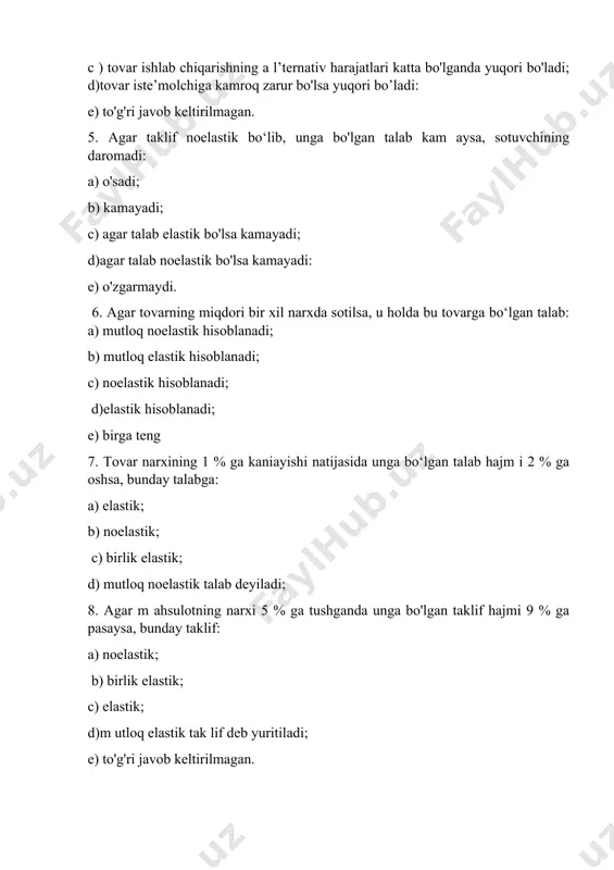 ki bir tovar narxining oshishi boshqasiga talabni qisqartiradi. ularning tegishli dinimik holatin (qisqa vaqtdagisiga nisbatan uzoq vaqtdagisi ) mutlaq qarama- qarshidir: benzin uchun uzoq vaqtadagi tegishli koeffisientdan ko'p bo'ladi, avtomobillarga esa buning teskarisi to'g'ri keladi. benzin va avtomobilga bo'lgan talabga oid bir qator statistik tadqiqotlar bajarilgan. biz bu yerda talabning narxga va daromadga bog'iiq o'zgaruvchanligiga oid xisob kitoblarni keltiramiz, bularda talabning o'zgaruvchanligi shavxlab o'tilgan. jadval aqshda qisqa va uzoq davrdagi va ular tutash bo'lgandagi talabning narxga va daromadga bog'iiq o'zgaruvchanlik koeffisientini ko'rsatadi. qisqa va uzoq davrdagi o'zgaruvchanlik koeffisientlari katta farqlanishini qayd etamiz. 1974 yili opek kartelining narx siyosati natijasida benzinga narx oshgandan so'ng. benzinga talabning narx va darom adga bog‘liq o'zgaruvchanlik koeffisienti ko’rsatkichlar narx va daromadning o‘zgarish davri,yil hisobida 1 2 3 4 5 6 narx -0.11 -0.22 -0.32 --0.49 --0.82 -1.17 daromad 0.07 0.13 0.20 0.32 0.54 0.78 ko'plar (shular jum lasida avtomobil va neft sanoatining raxbarlari xam ) …