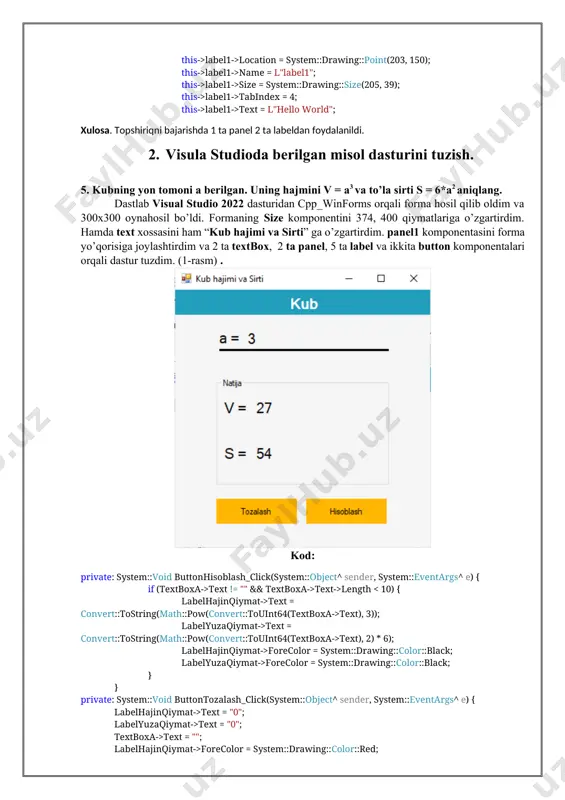 tonqoshish->checked = false; } else if ((textboxa->text != "" && textboxa->text->length text != "" && textboxb->text->length text = convert::tostring(convert::todouble(textboxa->text) + convert::todouble(textboxb->text)); labelqoshish->forecolor = system::drawing::color::black; labelayirish->text = "0"; labelkopaytirish->text = "0"; labelbolish->text = "0"; labelayirish->forecolor = system::drawing::color::red; labelkopaytirish->forecolor = system::drawing::color::red; labelbolish->forecolor = system::drawing::color::red; checkboxhammasinitanlash->checked = false; } } private: system::void radiobuttonayirish_checkedchanged(system::object^ sender, system::eventargs^ e) { if (textboxa->text == "" && textboxb->text == "") { radiobuttonayirish->checked = false; } else if ((textboxa->text != "" && textboxa->text->length text != "" && textboxb->text->length text = convert::tostring(convert::todouble(textboxa->text) - convert::todouble(textboxb->text)); labelayirish->forecolor = system::drawing::color::black; labelqoshish->text = "0"; labelkopaytirish->text = "0"; labelbolish->text = "0"; labelqoshish->forecolor = system::drawing::color::red; labelkopaytirish->forecolor = system::drawing::color::red; labelbolish->forecolor = system::drawing::color::red; checkboxhammasinitanlash->checked = false; } } private: system::void radiobuttonkopaytirish_checkedchanged(system::object^ sender, system::eventargs^ e) { if (textboxa->text == "" && textboxb->text == "") { radiobuttonkopaytirish->checked = false; } else if ((textboxa->text != "" && textboxa->text->length text != "" && textboxb->text->length text = convert::tostring(convert::todouble(textboxa->text) * convert::todouble(textboxb->text)); labelkopaytirish->forecolor = system::drawing::color::black; …