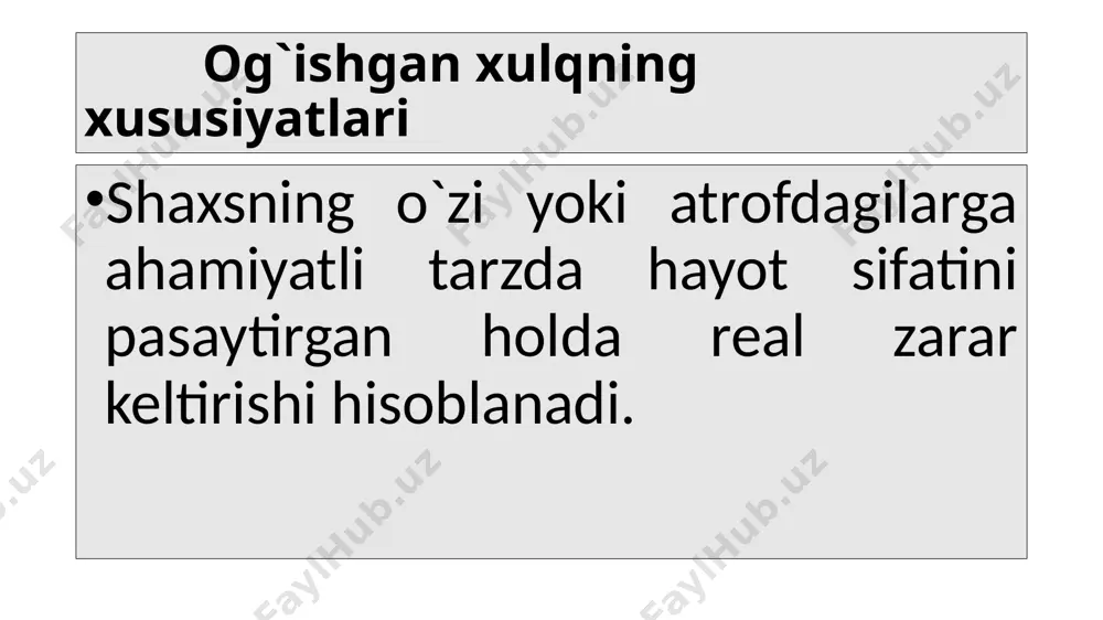 sh ham kiradi. psixologik yondoshuv shaxsning og`ishgan xulqidagi alohida ko`rinishlarni ijtimoiy-psixologik tafovutini ajratishga asoslangan. psixologik tasniflar quyidagi mezonlar asosida quriladi: buzilgan me’yor turi; axloq va uning motivatsiyada psixologik maqsad; ushbu axloq oqibati va u keltirgan zarar; axloqning shaxsiy-uslubiy tavsifnomasi. ichki destruktiv axloq guruhida s.p.korolyenko va t.a.donskix quyidagilarni ajratadilar: 1.suitsid, 2. konformistik, 3. nartsissik, 4 fanatik va 5. autistik axloq. 1.suitsid axloq o`z-o`zini o`ldirishning yuqori xavfi bilan xarakterlanadi. 2.konfor­mistik – individuallikka muхtoj, faqat tashqi avtoritetga yo`naltirilgan axloq. 3. nartsissik – shaxsiy buyukligi tuyqusi bilan boshqariladi. 4.fanatik – qandaydir g’oya, nuqtai nazarga ko`r-ko`rona berilgan shaklda yuzaga chiqadi. 5.autistik – odamlar va atrofdagi harakatlardan byevosita chyegaralanganlik, shaxsiy fantaziyasi olamiga sho`ng’iganlikda ko`zga tashlanadi sanab o`tilgan mezonlarga muvofiq og`ishgan xulqning uchta asosiy guruhini ajratamiz 1.an­tiijtimoiy (delinkvent) axloq, 2. asotsial (axloqsiz) axloq, 3. autodestruktiv (o`z-o`zini parchalovchi) axloq. 1.antiijtimoiy (delinkvent) axloq – bu qonun me’yorlariga qarshi chiquvchi, ijtimoiy tartib va atrofdagi odamlar farovonligiga xavf soluvchi axloq. u …