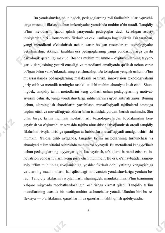 metodlar insonni faqatgina bilim oluvchi emas, balki o‘z atrofidagi muhitga faol ta’sir ko‘rsatuvchi sub’ekt sifatida tarbiyalaydi. tanqidiy ta’lim, shuningdek, muammoli o‘qitish, kreativ fikrlashni rag‘batlantirish, o‘quvchini qaror qabul qilishga jalb qilish, hayotiy vaziyatlarga bog‘langan savollarni qo‘llash kabi metodlarni o‘z ichiga oladi. bu metodlar an’anaviy yodlash va qayta aytishga asoslangan yondashuvlardan farq qiladi, chunki ular bilimni tayyor shaklda emas, balki chuqur tahlil, tajriba va izlanish orqali o‘rganishga undaydi. tanqidiy ta’limning ahamiyati shundaki, u o‘quvchilarda avtoritetlarga ko‘r-ko‘rona ergashmaslik, axborotni shubha bilan baholash, o‘z nuqtai nazarini mustaqil shakllantirish kabi ko‘nikmalarni rivojlantiradi. bugungi tez o‘zgarayotgan, murakkab ijtimoiy muhitda bu ko‘nikmalar insonning hayotdagi muvaffaqiyatli faoliyat yuritishi uchun muhim poydevor bo‘lib xizmat qiladi. shunday qilib, tanqidiy ta’lim metodlari — bu zamonaviy ta’limda talabaning shaxsiy faolligini oshiruvchi, uni ijodiy va mustaqil fikrlovchi inson sifatida shakllantiruvchi, demokratik va ijtimoiy ongli jamiyatni rivojlantirishga xizmat qiluvchi muhim vositadir. ta’limning bu yondashuvi orqali o‘quvchilar nafaqat bilim egallaydilar, balki jamiyatda o‘z o‘rnini anglaydigan, …