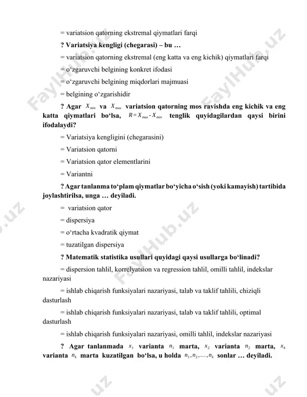 i? = kamaymaydigan funksiya = kamayuvchi funksiya = o‘smaydigan funksiya = qat’iy o‘suvchi funksiya ? empirik taqsimot funksiyasi uchun agar – eng kichik varianta va – eng katta variant bo‘lsa, u holda quyidagi munosabatlar o‘rinli bo‘ladi? = agar bo‘lsa = agar bo‘lsa = agar bo‘lsa = agar bo‘lsa ? empirik taqsimot funksiyasi uchun agar – eng kichik varianta va – eng katta variant bo‘lsa, u holda quyidagi munosabatlar o‘rinli bo‘ladi? = agar bo‘lsa = agar bo‘lsa = agar bo‘lsa = agar bo‘lsa ? nuqtalarni birlashtiruvchi siniq chiziqqa nima deyiladi? = chastotalar poligoni = nisbiy chastotalar poligoni = chastotalar gistogrammasi = nisbiy chastotalar gistogrammasi ? nuqtalarni birlashtiruvchi siniq chiziqlarga nima deyiladi? = nisbiy chastotalar poligoni = chastotalar poligoni = chastotalar gistogrammasi = nisbiy chastotalar gistogrammasi ? asoslari bo‘lib balandligi – chastotalar zichligidan iborat bo‘lgan to‘g‘ri to‘rtburchaklardan iborat figura nima deyiladi? = chastotalar gistogrammasi = nisbiy chastotalar poligoni = chastotalar poligoni = …
