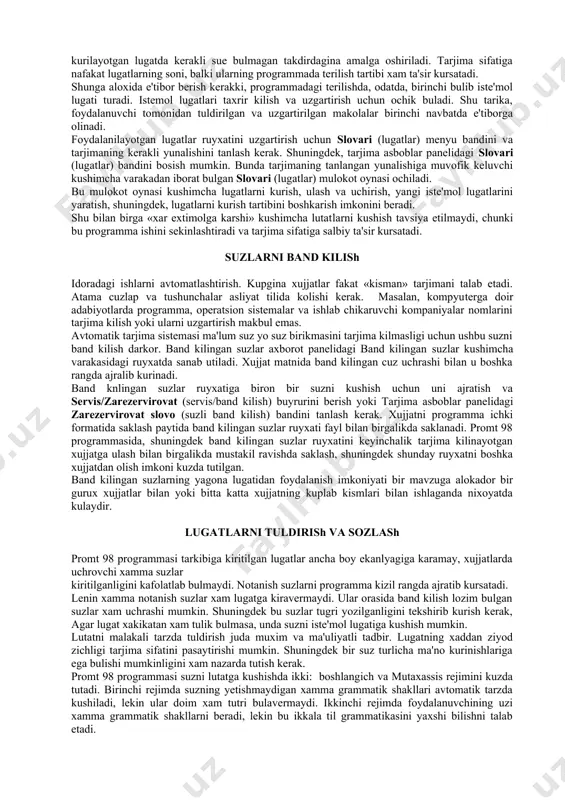 h faylning nomini tanlagandan sung programma (konvertirovat fayl) —faylni uzgartirish mulokot oynasini ochadi. ushbu mulokot oynasida avtomatik tarzda fayl formati va tarjimaning earuriy yunalishi tanlanadn. foydalanuvchining fakat parametrlar tugri berilganligiga ishonch xosil kilib, ok bandini bosish kerak buladi, xolos. 2. boshlangich xujjat kompyuterga kiritiladi va avvaliga vaktinchalik tarjima kilinuvchi matn va u bilan birga tarjima uz urnida aks etadi. tarjimaning amalga oshishi uchun tarjimasi perevod/ves matn/butun matn menyusidagi bandini tanlash yoki perevod (tarjima) asboblar panelidagi ves tekst (tula matn) bandidan foydalanish kerak, tarjima anchagina murakkab va sekin utuvchi amaldir. tarjima jarayonida programmaning asosiy oynasida boshlangach matnni utkazib turish va boshlangich matnni boshka tildagi matn bilan almashtirib borish mumkin. 3. xujjatnnng oxiriga yetib kelgach, boshlangich tarjima natijasi matnlarini kurib chikish va shu bilan birga taxrir xam kilish mumkin. 4. agar tarjima kilinuvchi matnga uzgartirishlar kiritilsa, uzgartirilgan abzatslarni kaytarish mumkin. buning uchun perevod tekuxego abzatsa (joriy abzats tarjimasi) buyrugidan foydalaniladi yoki tarjima …