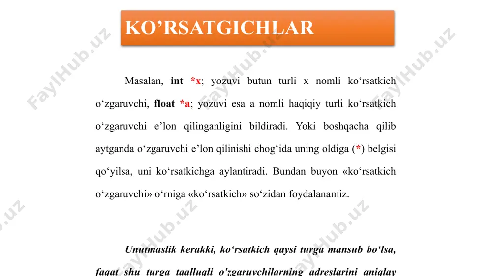 nt main() { int x=20; int *a(&x); a=a+11; //qo'shish a=a-5; // ayirish a++; // inkrement a--; // dekrement return 0; } ko’rsatgichlarga boshlang’ich qiymat berish c++ dasturlash tilida ko‘rsatkichlar ustida bajariladigan amallar quyidagilarni tashkil etadi: -ob’ektga vositali murojat qilish amali; -qiymat berish amali; -ko‘rsatgichga o‘zgarmas qiymatni qo‘shish amali; -ayirish amali; -inkrement va dekrement amali; -solishtirish amali. c++ dasturlash tilida ko‘rsatkichlar ustida faqatgina yuqorida keltirilgan amallardan foydalanish maqsadga muvofiq bo‘ladi.