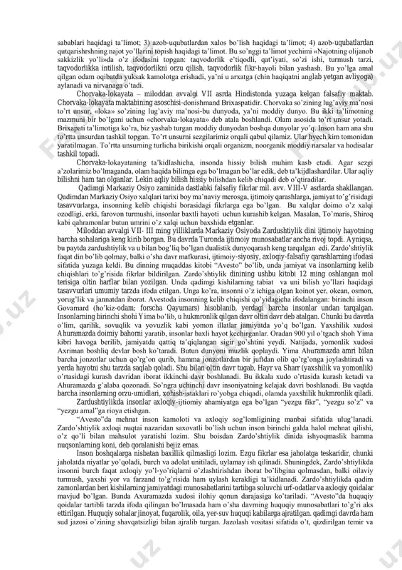 llikda qadimgi xitoy, hindiston va yunonistonda vujudga kelgan sivilizasiya bilan bog’liq zkanligini aytib o’tish kerak. eramizdan oldingi vi asrlarda eski ijtimoiy hayotning buzilib, yangicha yashashning boshlanishi, iqtisodiy, ijtimoiy, siyosiy zamin, shuningdek ma’naviy imkoniyatlarning vujudga kelishi bilan qadimgi davr sivilizasiyasi natijasi o’laroq dunyoni chuqurroq va atroflicha o’rganishni o’z maqsadi qilib qo’ygan falsafiy dunyoqarash paydo bo’ldi. falsafa jamiyatdagi quyidagi ehtiyojlar tufayli shakllana boshladi: a) taraqqiy etayotgan olamga, insonga, uning ongiga qarashlarga doir ta’limotlarni yaratish zaruriyati; b) olamning boshlag’ich asoslari va rivojlanish qonuniyatlarini ishlab chiqish kerakligi; v) olam haqidagi tafakkurning oqilona uslubiga mantiqiy fikrlashga va bilish nazariyasiga tug’ilgan ehtiyojlar paydo bo’lganligi; g) afsonaviy va diniy tasavvurlardagi xayoliy fikrlarga asoslangan odamlarning ilmiy bilishdagi falsafiy tafakkur qilishdagi ongsizlikka barham berish zaruriyati. falsafaning rivojlanib borishi jarayonida undan dastlab matematika, geometriya, astronomiya(yer.av i-ii asr va er. i-ii asrlari), keyinchalik fizika, ximiya,biologiya fiziologiya, so’ngra ijtimoiy va gumanitar fanlar ajralib chiqdi. bu fanlar avval dalillar to’plash, ularni bir, tizimga …
