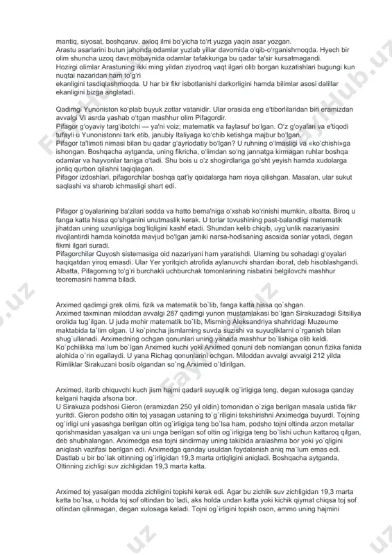 ddiy va murakkab turga bo`linadi. lukrеtsiy kar atom harakatining uchta turini sanab o`tgan. bular- narsaning o`irlikka ega bo`lgani uchun to``ri chiziqli harakati, narsaning o`zicha o`ish harakati, narsaga turtki bo`lgan asosga qaratilgan harakat. lukrеtsiyning nazariyasi mohiyatan sodda bo`lsada tabiatshunoslik rivojiga ulkan ta'sir ko`rsatgan. qadimgi yunoniston falsafasi. reja: 1. yunonistonda dastlabki falsafiy ta’limotlar. 2. geraklit, suqrot, arastu va pifagor falsafasi. 3. eley falsafiy maktabi. 4. sofistlar falsafasi. 5. g`oyalar dunyosi va soyalar dunyosi ta’limotining mohiyati. yevropaliklar uyg‘onish davridan boshlab, besh yuz yil mobaynida qadimgi yunoniston tarixini «insoniyatning oltin asri», deb atab kelmoqdalar. chindan ham, antik madaniyatda hozirgi zamon kishilarini ham rom etayotgan ko‘plab jozibali jihatlar bor. bular — jamiyatning oqilona tuzilganligi, inson va tabiat uyg’unligi, kuchli diniy hissiyotdir. yunonlar g’oyat dindor bo‘lishgan. ularda xudolar ko‘p sonli bo‘lib, bu xudolarga, misrliklardan farqli o‘laroq, insoniy xususiyatlar baxsh etilgandi. bu xudolar mag‘rur va hasadgo‘y, sadoqatli va do‘stparvar bo‘lishgan. bir so‘z bilan aytganda, ular o‘zlarini o‘ylab …