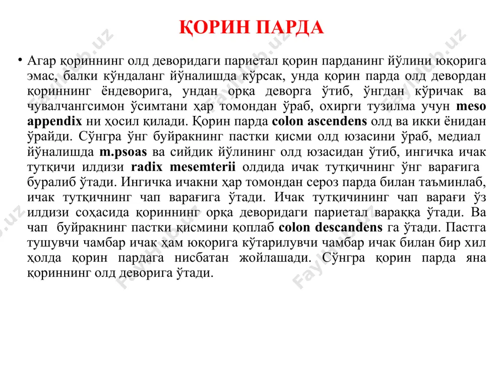 ади. катта чарви ўзида кўп сонли лимфатугунларни тутади. катта чарвига бағишланган жуда кўп илмий мақолалар, монографиялар мавжуд. бу адабиётларда катта чарвининг клиник аҳамияти очиб берилган. катта чарви катта чарви қорин бўшлиғининг посбони ҳисобланади. сероз парда таркибида жуда еўп лимфоцитлар йиғилади ва улар ҳимоя вазифасини бажаради. катта чарвидан хирургик амалиётда пластик материал сифатида кенг қўлланилади.қорин парда бўшлиғининг ўрта қавати, агар катта чарви ва кўндаланг чамбар ичакни юқорига кўтарилса, кўздан кечиришга осон бўлади. агар икки ён томондан юқорига кўтарилувчи ва пастга тушувчи чамбар ичакларни, ўртадан эса ингичка ичак тутқичини чегара деб олинса, қорин парда бўшлиғининг ўрта қавати тўртта бўлимга бўлиниши кўриш мумкин: қориннинг икки ён девори ва colon ascendens ва colon descendens оралиғида чап ва ўнг ён каналлар, canales lаteralis dexter et sinister жойлашса, ингичка ичак тутқич, йўғон ичак билан чегараланган жойни юқоридан пастга ва чапдан ўнгга қийшиқ йўналган икки ичак тутқич синуслари sinus mesentericus dexter et sinister га бўлиб қўяди. ичак …