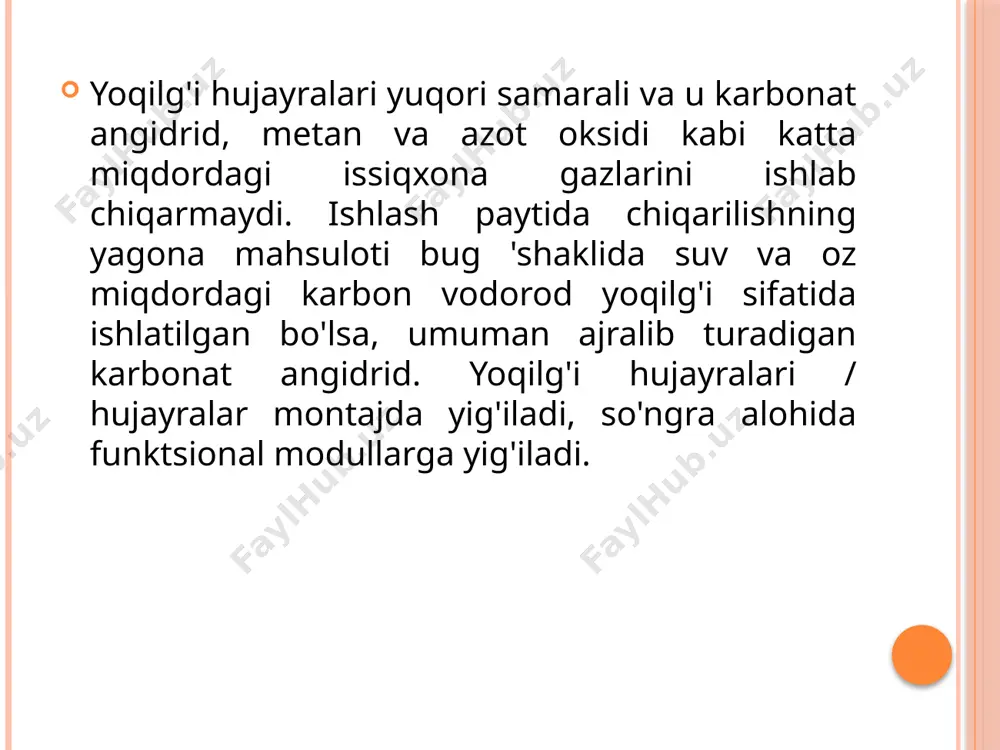 2 o yoqilg'i hujayralari / hujayralari turlari va navlari yoqilg'i hujayralari yuqori haroratli va past haroratga bo'linadi. kam haroratli yoqilg'i hujayralari nisbatan toza vodorodni yoqilg'i sifatida talab qiladi. bu ko'pincha yoqilg'ini qayta ishlash birlamchi yoqilg'ini (masalan, tabiiy gaz) toza vodorodga aylantirish talab qilinadi. ushbu jarayon qo'shimcha energiya sarflaydi va maxsus uskunalar talab qiladi. yuqori haroratli yoqilg'i hujayralari ushbu qo'shimcha protseduralarga muhtoj emas, chunki ular yuqori haroratda yoqilg'ining "ichki transformatsiyasi" ni amalga oshirishi mumkin, bu vodorod infratuzilmasida sarmoya kiritish zarurligini anglatadi. karbonat eritmasi (rte) yoqilg'i hujayralari / hujayralar 650 ° c haroratda qizdirilganda, tuzlar karbonat ionlari uchun konduktorga aylanadi (co 3 2-). ushbu ionlar katoddan andodga o'tishadi, bu erda karbonat angidrid va bepul elektronlar va erkin elektronlar mavjud. ushbu elektronlar tashqi elektr zanjiri bo'ylab katodga, elektr toki esa ishlab chiqariladi, va issiqlik kabi. anodga reaktsiya: co 3 2- + h 2 \u003d\u003e h 2 o + 2e - katod reaktsiyasi: co …