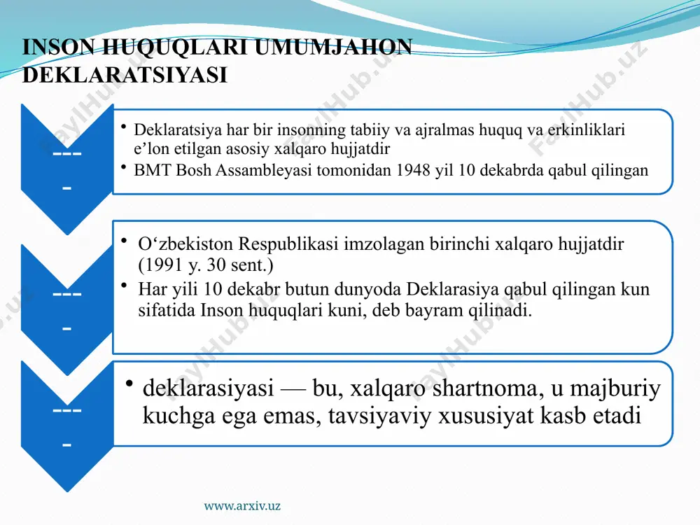 fuqaroviy va siyosiy huquqlar to’g’risidagi xalqaro paktga doir ikkinchi protokol www.arxiv.uz 1989 yil 15 dekabrda qabul qilingan; 11ta moddadan iborat; o’zbekistob respublikasi 2008 yil 10 dekabrda ushbu hujjatga qo’shilgan; unda o‘lim jazosidan voz kechish ko‘zda tutilgan. foydalanilgan adabyotlar ro’yxati инсон ҳуқуқлари: савол ва жавоблар. т.,1997 й. саидов а.х. инсон ҳуқуқлари бўйича халқаро ҳуқуқ. – т.: 2006 й. юлдашева г., махаматов м. инсон ҳуқуқлари умумжаҳон декларацияси ва ўзбекистон республикасида инсон ҳуқуқларини ҳимоя қилишнинг миллий тизими. ўқув қўлланма. -т.: тдюи, 2008 й. юлдашева г. международный пакт об экономических, социальных и культурных правах и его реализация в узбекистане. брошюра. -т.: нцпч, тгюи, 2008 г. барсиева з.х. международный пакт о гражданских и политических правах и его реализация в республики узбекистан. т.: нцпч, тгюи, 2008 г. инсон ҳуқуқлари умумжаҳон декларацияси ва ўзбекистонда инсон ҳуқуқларини ҳимоя қилиш миллий тизими/масъул муҳаррир а.х.саидов. – т.: ўзбекистон. 2010 й. www.arxiv.uz e’tiboringiz uchun raxmat www.arxiv.uz