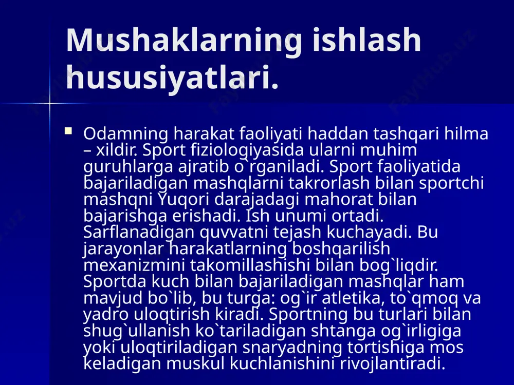 uchun ketadigan energiyadan kam bo`lishi aniqlangan. qo`zg`alib turgan markaz tormozlanadi, uning atrofidagi markazlarda esa qo`zg`alish ya`ni musbat induktsiya yuzaga keladi. natijada vegetativ organlar funktsiyasining kuchayishi kuzatiladi. ya`ni statik kuchlanishlari fenomeni yuzaga keladi. natijada vegetativ organlar funktsiyasining nafas, yurak tomir funktsiyasi, moddalar almashinuvi va xokazolar kuzatiladi. kuchlanish ma`lum bir darajada sezilarli bo`lgan muskul kuchlanishlarning hammasi kuchlanishi bilan kuzatiladi. kuchlanish gavdani mustahkam turg`unlicha ta`minlash bilan oyoq qo`llarning ishlashiga sharoit yaratadi. kuchlanish muskulning maksimal kuchlanishiga yordam beradi. u katta kuchlanish bo`lgan statik ishlarda va ancha og`ir bo`lgan yuklarni ko`tarishda hamma vaqt namoyon bo`ladi. kuchlanish vaqtida nafas to`xtaydi, nafas chiqarish muskullarining taranglanishi bilan ko`krak bo`shlig`ida bosim ortadi, bu yurak – tomir ishiga ta`sir etadi. standart harakatlarda bajariladigan mashqlarning shakli va ketma ketligi oldndan ma`lum bo`lsa, nostandart harakatlarda mashqlar hususiyati vaziyatga qarab (masalan: kurashchilarda gilamdagi holatga, basketbolchi yoki valeybolchilarda o`yin maydonidagi holatga qarab) o`zgarib turadi, uni oldindan aniq atish yoki bilish qiyin. shuning uchun nostandart …