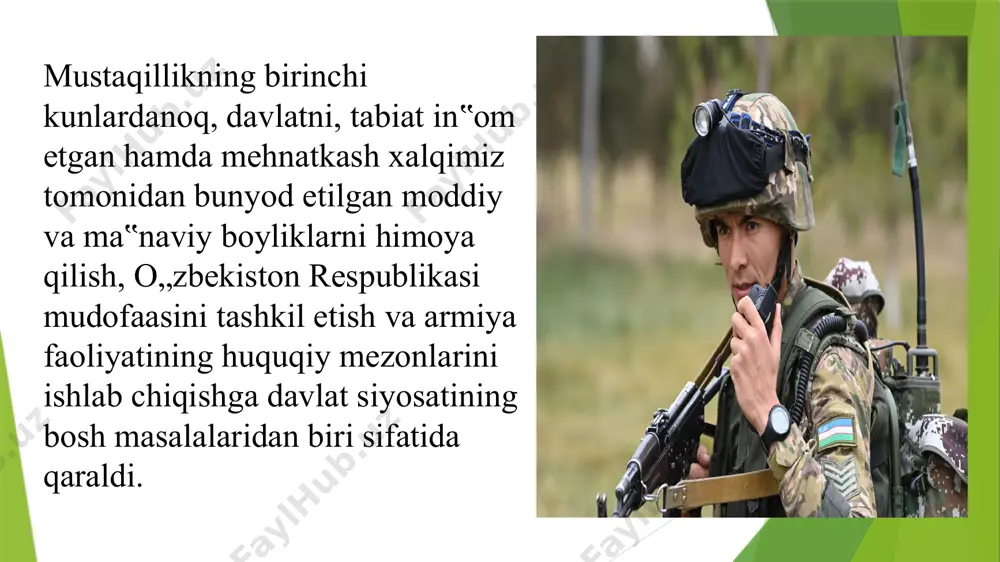 irish, jangovarlik qobiliyatini yuksaltirish maqsadida mamlakat hududida harbiy-ma‟muriy birliklar - harbiy okruglar tuzish to’g’risida qaror qabul qilindi. harbiy okruglar tashkil etilishi bilan qo„shinlar va qismlarni qayta joylashtirish amalga oshirildi. bu ularni eng muhim strategik yo„nalishlarda jamlashga, hududiy mudofaaning haqiqiy tizimini shakllantirishga imkon berdi. davlatimizning barcha qurolli tuzilmalari o„rtasidagi harakatlar muvofiqlashtirildi va hamkorlik tizimi yo’lga qo’yildi. turli sharoit va vaziyatlarda (cho’l, tog’, aholi punktlarida) qo’shinlarni boshqarish usuli takomillashtirildi. harbiy o’quv maskanlarida, jangovar va operativ tayyorgarliklar jarayonida harbiy kadrlarni tayyorlash sifati yaxshilandi. harbiy hayotda qonun kuchiga ega huquqiy hujjatlardan biri - harbiy xizmatchi qurollikuchlar safiga kirar ekan, qo„lida qurol bilan vataniga, xalqiga, prezidentiga sodiq bo„lishga tantanali ravishda qabul qiladigan vatanga qasamyoddir. qurolli kuchlar vatanga qasamyodi har bir jangchining hayot qonuni bo’lib, u vatan himoyachisiga har qanday vaziyatda, har kuni, doimo dasturilamal sifatida xizmat qiladi. tarixdan ma‟lumki, buyuk sarkardalar o„z qo„shinlarini idora etishda muayyan qonun - qoidalarni joriy etganlar. bunga misol qilib, amir …