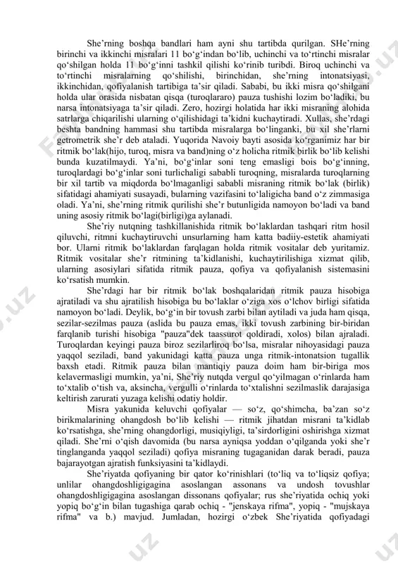 arda zarb bo‘lgani holda, misra pauzasi mavjud emas. she’rning ma’lum miqdordagi misralardan tarkib topib, mazmun va ritmik- intonatsion jihatdan nisbiy tugallikka ega bo‘lgan bo‘lagi band deb yuritiladi. eng kichik band — ikki misra. ikkilik bandlar odatda o‘zaro qofiyalangan misralardan tarkib topadi. mumtoz adabiyotimizda ikkilik band shaklini masnaviy shakli deb yuritiladi. ikkilik bandning alohida bir ko‘rinishi baytdir. bayt masnaviydan qofiyalanish tartibi jihatidan (dastlabki bayt o‘zaro qofiyalanadi, keyingi baytlarning ikkinchi misrasi birinchi bayt bilan qofiyadosh bo‘ladi) farqlanadi. demak, biz g‘azal, qasida, qit’a janridagi asarlarning bandlariga nisbatangina "bayt" atamasini ishlatsak to‘g‘ri bo‘ladi. uchlik bandlar nisbatan kam ishlatiladi. mumtoz adabiyotimizda uchlik bandlar musallas(musallis) deb yuritiladi. shu tarzda mumtoz adabiyotimizda to‘rt misralik — murabba’, besh misralik — muxammas, olti misralik — musaddas, etti misralik — musabba’, sakkiz misralik — musamman singari band shakllari ajratilgan. mumtoz adabiyotimizdagi "musammat" degan umumiy nom ostida yuritiluvchi turg‘un she’riy shakllar she’rning necha misralik bandlardan tarkiblanganiga qarab nomlanadi. yuqorida aytdikki, keng …