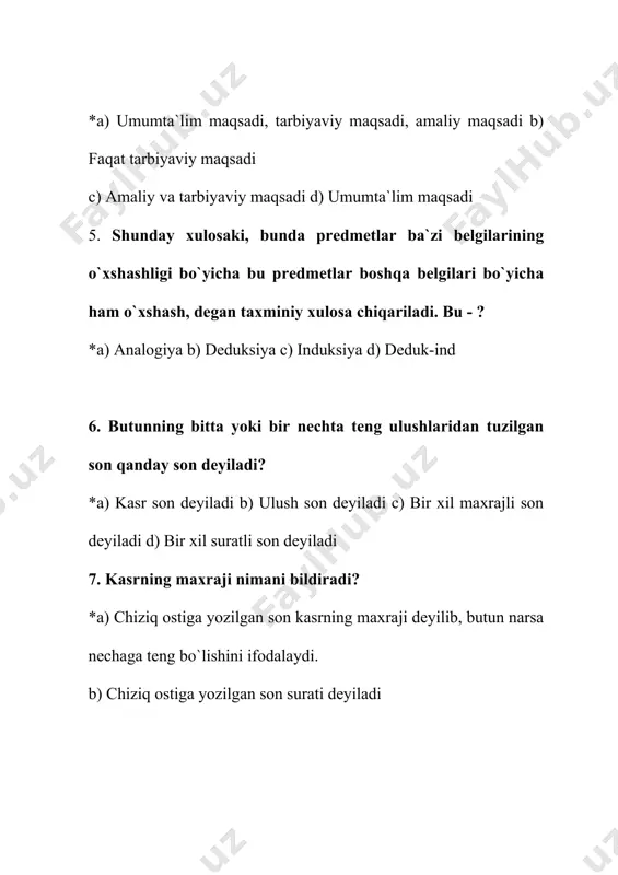 n 11. tenglik va tengsizlik bilan tanishtirish nima bilan bog`langan? *a) sonlarni raqamlash va arifmetik amallar bilan bo`langan b) sonlarni taqqoslash bilan bog`langan c) to`plamlarni taqqoslash d) ifodaning qiymatlarini taqqoslash 12. hisoblashning og`zaki usullarida hisoblash … boshlanadi *a) katta xona birligidan b) kichik xona birligidan c) o`rta xona birligidan d) misolning oxiridan 13. jadvaldan tashqari ko`paytirish va bo`lishqaysi sinfda o`rgatiladi? *a) 3-sinfda b)1-sinfda c)4-sinfda d)2-sinfda 14. noma`lum bo`luvchi qanday topiladi? *a) bo`linuvchi bo`linmaga bo`linadi. b) bo`linuvchi bo`linmaga ko`paytirib topiladi c) ko`paytuvchi bo`linuvchiga bo`linadi d) bo`luvchi bolinuvchiga kopaytiriladi 15. matematik ekskursiyalarning maqsadi… *a) konkret hayotiy va tasavvurlarni talab qilish b) topqirlik,ziyraklik,tez hisoblashga o`rgatish c) matematikaga nisbatan alohida qiziqish uyg`otish d) matematik bilimlarni chuqurlashtirish 16. ko`paytirish va bo`lish jadvali qaysi sinfda o`rgatiladi? *a) 2-sinfda b) 1-sinfda c) 3 sinfda d) 4 sinfda 17. harfiy ifodalar dasturga binoan nechanchi sinfdan boshlab o`rgatiladi? *a) 1-sinfdan boshlab b) 2-sinfdan boshlab c) 3-sinfdan boshlab d) 4-sinfdan …