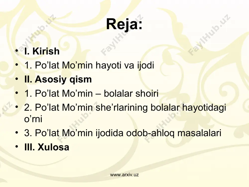 izidan” (1980), “do`stin qancha ko`p bo`lsa” (1982), “bolalar qalbining bayrami” (1984), “axil bo`lib,dadil bo`lib” (1984), “bir yuz bir oltin qo`l” (1985), “bolalarning baxtikulgan” (19860, “gullar ham so`zlashadi” (1988), kabi qator to`plamlari uning o`ziga xos ovozga ega talantli shoir ekanligidan dalolat beradi. www.arxiv.uz www.arxiv.uz mazkur to`plamlaridagi she`r va qo`shiqlarida shoir zamonamizning baxtli bolalar hayotidan jonli lavhalar chizib ko`rsatadi. po`lat mo`min o`zining lirik she`rlari, dilrabo qo`shiqlari, ajoyib ertak va dostonlari, sahna asarlari bilan elga tanildi. u shu kunlarda ham serqirra ijodi bilan bolalar adabiyoti taraqqiyotiga o`z xissasini qo`shib kelmoqda. xususan, odob, axloq mavzui shoir ijodidan asosiy o`rin olgan. po`lat mo`minning ijodiy jixatdan tinmay o`sayotganligi g`oyat quvonchlidir. www.arxiv.uz www.arxiv.uz po`lat mo`min ijodining fazilatlaridan yana biri shundaki, u o`lkamizning go`zal tabiatini, kichkintoy zamondoshlarimizning qaxramonona mehnat zafarlarini, ularning his-hayajonini, ichki olamini ishonarli vat a`sirli qilib ifodalashga ko`rinadi. www.arxiv.uz www.arxiv.uz po`lat mo`minning ijodi ham kattalar ham, bolalar uchun ham mos keladi, shuning uchun ham uning qiymati …