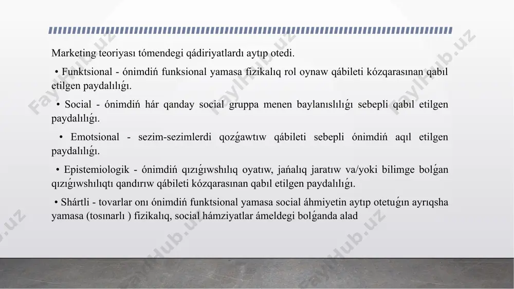 lkem marketing iskerliginiń tómendegi baǵdarların ajıratıp kórsetiw múmkin. • medicinaliq shólkemga salıstırǵanda sırtqı ortalıqtı analiz qılıw. • den sawlıqtı saqlaw xızmetleriniń real hám potentsial qarıydarları taypaların hár tárepleme analiz qılıw. • kórsetilayotgan medicinalıq xızmetler dizimin analiz qılıw hám jańa medicinalıq xızmetlerdi rejelestiriw. • baha siyasatın támiyinlew. • qarıydar ushın gúres usılların belgilew. • marketing iskerliginiń barlıq táreplerin kompleks basqarıw. den sawlıqtı saqlaw sistemasında medicinalıq marketing mexanizmin tártipke salıw tómendegi strukturalıq bólimlerdi óz ishine aladı. • xalıqtıń demografik jaǵdayı (jası, jinsi, tuwılıw dárejesi, ólim dárejesi) hám keselleniw dárejesin esapqa alǵan halda medicinalıq xızmetler hám ónimlerge bolǵan mútájlikti úyreniw (talaptı úyreniw). • genekologiya, xirurgiya, pediatriya hám basqalar sıyaqlı túrli qánigelikler boyınsha xızmetler kólemin rejelestiriw. • islep shıǵarıw maydanların rejelestiriw (emlewxanalar, hár bir bólimdiń yotoq sıyımlılıqı, poliklinikalar hám basqalar ). • islep shıǵarıw maydanların rejelestiriw (emlewxanalar, hár bir bólimdiń yotoq sıyımlılıqı, poliklinikalar hám basqalar ). • insan resursları, basqarıw hám basqarıw xızmetkerlerin rejelestiriw. …