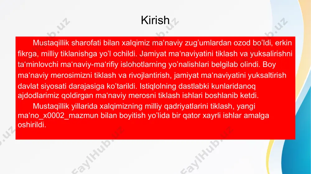 dentining 2004-yil 16 martdan «kinomatografiya sohasida boshqaruvni takomillashtirish» famoniga muvofiq vazirlar mahkamasi milliy kinochi mablag’ ajratish haqida maxsus qaror qabul qildi. shu davrdan boshlab har yili 12 ta to’la metrajli badiiy film 12 ta nomdagi hujjatli va ilmiy-ommabop va 10ta multiplikatsiya kinofilm uchun mablag’ ajratila boshlandi. mustaqillik yillarida su’ratga olingan filmlar «imom al-buxoriy» (rej. b.sodiqov, 1995 y.), «buyuk amir temur» (rej. b.sodiqov, i.ergashev, 1996) n.abbosovning «fellini», «oydinoy» «qiyomat qarz» z.musoqovning «abdullajon», milliy mohiyatni anglash zamonaviy kinomatograf uchun nihoyatda muhim masaladir. albatta, o‘zbekistonning yangi kinosi oldida qator muammo va masalalar, shuningdek, milliy o‘ziga xoslikning ifodalaydigan badiiy shakl izlash borasida hal qilinmagan masalalar mavjud. chunki qahramonning emotsional-psixologik holati «parda ortida qolib ketmoqda». qisqa metrajli filmlari ishlash sohasida yosh mualliflar olib borayotgan ekspremental ishlar mualliflik kinosi rivojida muhim ahamiyatga ega bo’lmoqda. aynan shu yo’nalishda mualliflik badiiy kinosini yaratish g’oyasi, konsepsiyasi va yondashuvlari vujudga keladi. 2011-yili xalqaro toshkent zamonaviy kinofestivalligi tayyorlash va o’tkazishi doirasida …