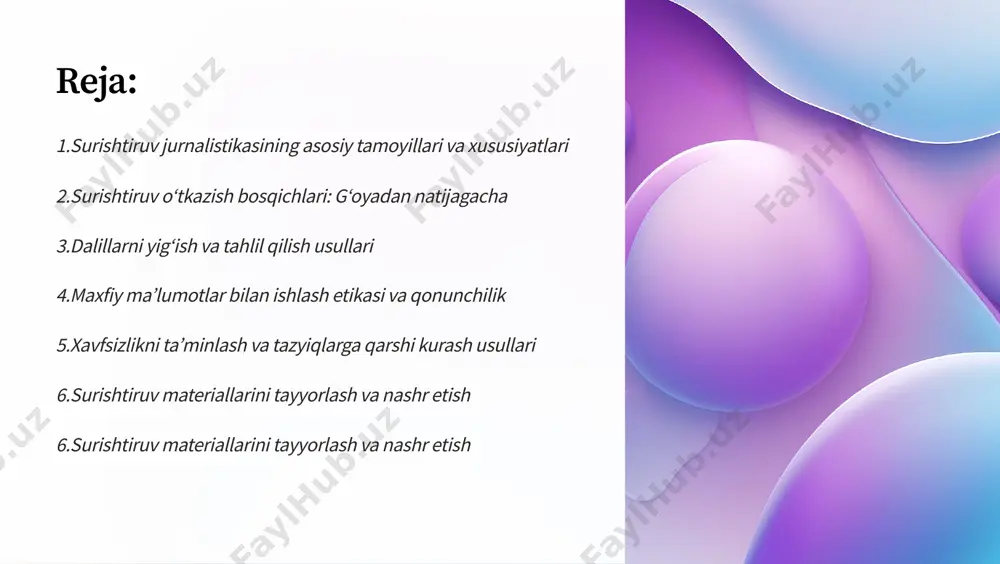 a xolis bo»lish kerak. shaxsiy manfaatlar ko»zlanmasligi kerak. 5.xavfsizlikni ta¾minlash va tazyiqlarga qarshi kurash usullari shaxsiy himoya jurnalist o»z xavfsizligini ta¼minlashi zarur. jismoniy va psixologik himoya muhim. huquqiy yordam tazyiqlar bo»lsa, huquqiy yordam olish zarur. advokatlar bilan hamkorlik qilish lozim. ommaviy e¾tibor tazyiqlar haqida ommaga xabar berish kerak. bu bosimni kamaytirishi mumkin. 6.surishtiruv materiallarini tayyorlash va nashr etish 1 rejalashtirish 2 yozish 3 tahrirlash 4 nashr materiallar aniq va tushunarli bo'lishi kerak. barcha dalillar ishonchli manbalarga asoslangan bo'lishi lozim. tahririyat bilan hamkorlik qilish maqsadga muvofiq. 7.surishtiruv jurnalistikasining jamiyatdagi o»rni va ahamiyati 1 korruptsiyaga qarshi kurash surishtiruvlar korruptsiyani fosh qiladi. u davlat organlarining faoliyatini nazorat qiladi. 2 adolatni ta¼minlash jurnalistlar haqiqatni izlaydi. ular jabrlanganlarga yordam beradi. 3 demokratiyani rivojlantirish surishtiruvlar jamiyatni xabardor qiladi. bu fuqarolarning faolligini oshiradi.
