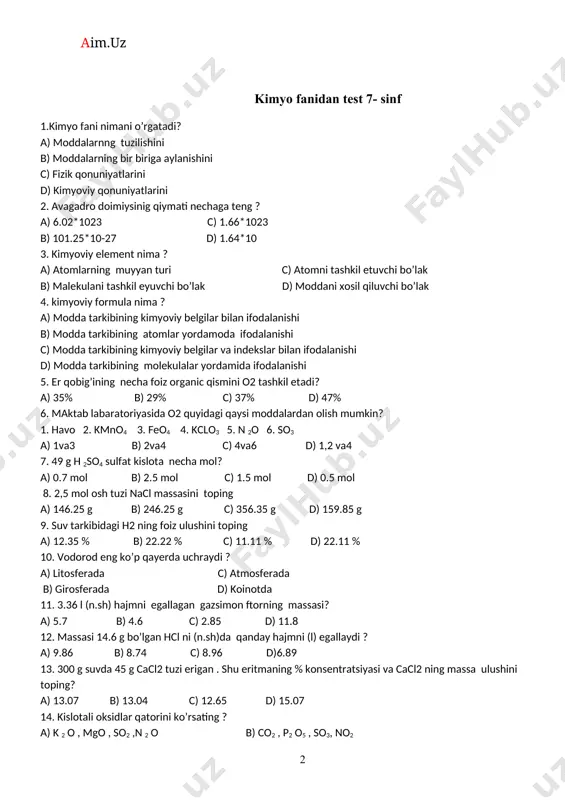 o , p 2o5 , fe2 o3 , co2 15. amfoter gidroksidlar qatorini ko’rsating? a) koh , mg(oph), al(oh) b) ca(oh)2 , fe(oh), ba(oh)2 c) zn(oh)2, al(oh)3 , cr(oh)3 d) naoh , zn(oh)2 , cu(oh)2 16. qaysi moddadan bir vaqtning o’zida ham asosli , ham kislotali oksid olish mumkin? a) caco3 b) al(oh)3 c) h3po4 d) kno3 17. ca(oh)2 orqali korbanat angidrid yuborilganda 50g oq cho’kma hosil bo’ladi . necha litr co2 reaksiyaga kirishgan ? a) 22.4 b) 2.24 c) 11.2 d)1.12 18. formulalari quyidagicha bo’lgan oksidlarning qaysi birlarida o2ning massa ulushi 50%ga teng ? a) so3 b) co c) co2 d) so2 19. jismlar……………………. tashkil topgan? 20. bir modda molekulalari boshqa modda molekulalari orasida tarqalishi mumkin va bu hodisa ……………….… deb ataladi . 21 . bir element atomlaridan turli oddiy moddalar hosil bo’lishi ……………………….. deyiladi . 22. biri kislorod bo’lgan ,2 elementdan tashkil topgan murakkab moddalarga …………………………….. deyiladi 23 …