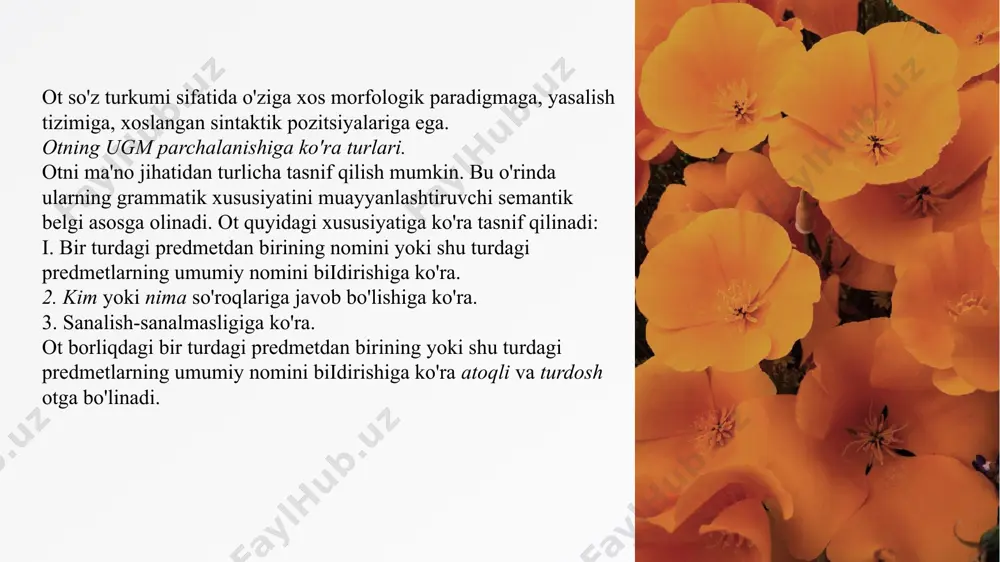 y osiyo], [sho’rk0’l],[ko'ksulton, [ko’rsichqon],[sassiqpopishak]. 3.[ot+fe'l]: [echkiemar], [ko 'zboylog'ich], [kallakesar], [husnbuzar],[beshiktervatar], [dunyoqarash). 4. [son+ot]: [beshbarmoq], [beshqarsak], [yettisuv], [oltiariq], [uchburchak], [mingoyoq], [qirqog’ayni]. 5. [son+fe'i]: [beshotar], [birqoqar]. otlarda son otlarda ziddiyat holida bo'lgan birlik va ko'plik ma'nosi va bu ma'noni ifodalovchi shakllar sistemasi grammatik son kategoriyasini tashkil etadi. mantiqiy va grammatik sonni aralashtirmaslik kerak. masalan, jamlovchi ot ([xalq], [qo'shin], [poda], [suruv]) mantiqan predmet jamini bildiradi, lekin grammatik jihatdan birlikda deb qaraladi. son kategoriyasining ikki: [-lar] affiksi bilan yasaluvchi shakli va shunga oppozitsiyada bo'lgan nol ko'rsatkichli shakli bor. bulardan [-iar] affiksi otning ko'plik shaklini yasaydi, birlik shakl esa nol ko'rsatkichli shakli.masalan: kitoblar ko’plik shakl; kitob esa 0 shakl. otlarning xususiy grammatik shakllari otning xususiy lug'aviy shakllari: kichraytirish, shaxsiy munosabat shakllari. otdagi yana bir lug'aviy shakl - kichraytirish-erkalash shakli. kichraytirish-erkalash paradigmasi [-cha], [-gina], [-(a)loq] shakllaridan iborat bo'lib, ular quyidagi ma'noni ifodalaydi: [-cha]: a) shaxs va predmetning kichik ekanligini: (kitobcha), (qalamcha); b) erkalash ma'nosini: (o’g’ilcha), (qizcha); …