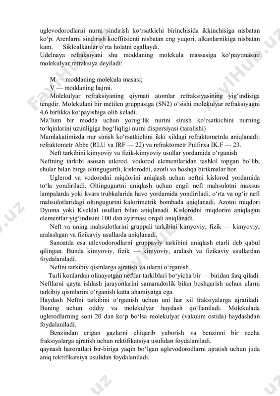 a olib kelinganda modda bug‘lari havo aralashmasi bilan alanga berib, biroz vaqt bemalol yonib tursa, shu harorat moddani alangalanish xarorati deyiladi. agarda neft mahsulotini qizdirishni davom ettirilsa, ma’lum haroratda havo bilan qo‘shilib, chetdan alanga olib kelmasa ham, alanga olib ketadi. bu nuqtani o‘z —o‘zidan alangalanish xarorati deymiz. alangalanish xarorati o‘t olish xaroratiga nisbatan bir necha o‘n gradus yuqoridir. kerosin, dizel yoqilg‘isi, surkov moylari, mazut va boshqa og‘ir neft mahsulotlarining o‘t olish xaroratlarini aniqlayotganda, ularning pastki chegarasini asos deb olinadi. benzinlarni bug‘larini bosimi oddiy haroratda yuqori bo‘lganligi sababli, ularni analiz qilinayotganda o‘t olishning yuqori chegarasi asos qilib olinadi. shu sababli birinchi holda o‘t olish xaroratlarini aniqlash uchun neft mahsulotlari isitiladi, ikkinchisida esa benzin sovutiladi. odatdagidek moddani o‘t olish xarorati, uni aniqlayotgan priborning tuzilishiga va aniqlashni qanday sharoitda olib borilishiga bog‘liqdir. bundan tashqari mazkur ko‘rsatgichga atmosfera bosimi va havoning namligi sezilarli darajada ta’sir ko‘rsatadilar. murakkab tarkibli moddalarning o‘t olish xarorati, ularning tarkibidagi …