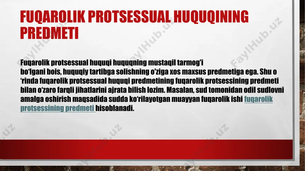 m prinsiplarini m ustahkamlagan o‘zbekiston respublikasining konstitutsiyasi hisoblanadi (11, 106, 107, 108, 110, 112, 113, 114, 115, 116-moddalari). konstitutsiya fuqarolik protsessual qonunchilikning rivojlanishidagi muhim huquqiy bazadir. 0 ‘zbekiston respublikasining konstitutsiyasi mamlakatimizning haqiqiy mustaqil davlat maqomiga ega ekanligiga qonuniy asos soldi, uning tegishli normalarida jamiyat tuzilishida va davlat qurilishida, fuqarolaming huquq va erkinliklarga erishishida sodir bo‘lgan tub o ‘zgarishlar o‘z aksini topdi va mustahkamlandi. fuqarolik protsessual huquqining navbatdagi muhim manbai 1997-yil 30-avgust kuni qabul qilingan va 1998-yil 1-yanvardan e'tiboran, amalga kiritilgan o‘zbekiston respublikasining fuqarolik protsessual kodeksi hisoblanadi. mazkur kodeksda sudda fuqarolik ishlarini ko‘rish va hal etish tartibini batafsil ifoda etuvchi fuqarolik protsessual huquqining normalari mustahkamlangan. unda sud ishlarini yuritishning asosiy prinsiplari mustahkamlab qo‘yilgan, sud qarorlari ustidan shikoyat va protest keltirish institutlari o‘z ifodasini topgan, shuningdek, odatdagi sud ishlarini yuritishdan o‘zgacha bo‘lgan, sud ishlarini ixchamlashtirilgan tartibda ko‘rish va hal etish, ya'ni sirtdan hal qiluv qarori chiqarish, buyruq tartibida ish yuritish instituti o‘rin …