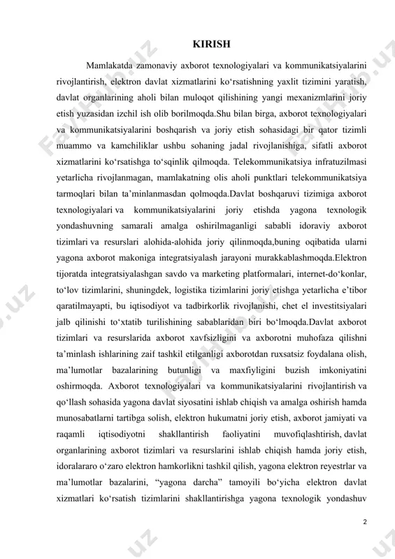 axborot tizimlari va resurslarida axborot xavfsizligini va axborotni muhofaza qilishni ta’minlash ishlarining zaif tashkil etilganligi axborotdan ruxsatsiz foydalana olish, ma’lumotlar bazalarining butunligi va maxfiyligini buzish imkoniyatini oshirmoqda. axborot texnologiyalari va kommunikatsiyalarini rivojlantirish va qo‘llash sohasida yagona davlat siyosatini ishlab chiqish va amalga oshirish hamda munosabatlarni tartibga solish, elektron hukumatni joriy etish, axborot jamiyati va raqamli iqtisodiyotni shakllantirish faoliyatini muvofiqlashtirish, davlat organlarining axborot tizimlari va resurslarini ishlab chiqish hamda joriy etish, idoralararo o‘zaro elektron hamkorlikni tashkil qilish, yagona elektron reyestrlar va ma’lumotlar bazalarini, “yagona darcha” tamoyili bo‘yicha elektron davlat xizmatlari ko‘rsatish tizimlarini shakllantirishga yagona texnologik yondashuv amalga oshirilishini ta’minlash zarur. davlat boshqaruvi va iqtisodiyotning real sektorida innovatsiyalarni joriy qilishga ko‘maklashish, raqamli iqtisodiyot o‘sishini rag‘batlantirish, shu jumladan ishlab chiqarishda kompleks avtomatlashtirilgan boshqaruv tizimlarini joriy etish, elektron tijoratning rivojlanishi uchun qulay shart-sharoitlarni yaratish kerak. zamonaviy intellektual tizimlarini joriy etish va rivojlantirish,kiberxavfsizlikni ta’minlash va tarmoqlar, dasturiy mahsulotlar, axborot tizimlari va resurslarini joriy qilishni ta’minlash …