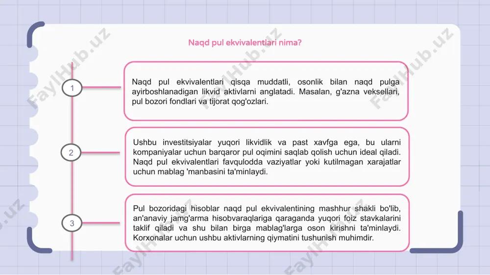 lari, qisqa muddatli depozit sertifikatlari. naqd pul ekvivalentlarini baholash ularning joriy bozor narxidan kelib chiqqan holda adolatli bozor qiymatini aniqlashni o'z ichiga oladi. bu ularning likvidligini va kompaniyaning umumiy moliyaviy holatini baholash uchun muhimdir. naqd pul ekvivalentlarining qiymatini aniq tushunish naqd pul qoldiqlarini boshqarish va maksimal daromad olish uchun investitsiya portfelini optimallashtirish bo'yicha asosli qarorlar qabul qilishga yordam beradi. 1 2 3 pul ekvivalentlari bilan bog'liq risklar naqd pul ekvivalentlari, masalan, pul bozori fondlari va g'azna veksellari tezda naqd pulga aylantirilishi mumkin bo'lgan osonlik bilan tugatiladigan aktivlardir. biroq, ular foiz stavkalarining o'zgarishi va kredit riskini o'z ichiga olgan risklar bilan birga keladi. yo'l hisobvarag'idagi pul biznes operatsiyalari yoki favqulodda vaziyatlarda mavjud bo'lgan naqd pulni anglatadi. qulay bo'lsa-da, juda ko'p naqd pul ushlab turish investitsiya imkoniyatlarini yo'qotish va inflyatsiya eroziyasiga olib kelishi mumkin. naqd pul ekvivalentlari bilan bog'liq risklar boshqa investitsiyalarga nisbatan pastroq daromad olish potentsialini, shuningdek, inflyatsiya tufayli xarid qobiliyatini …