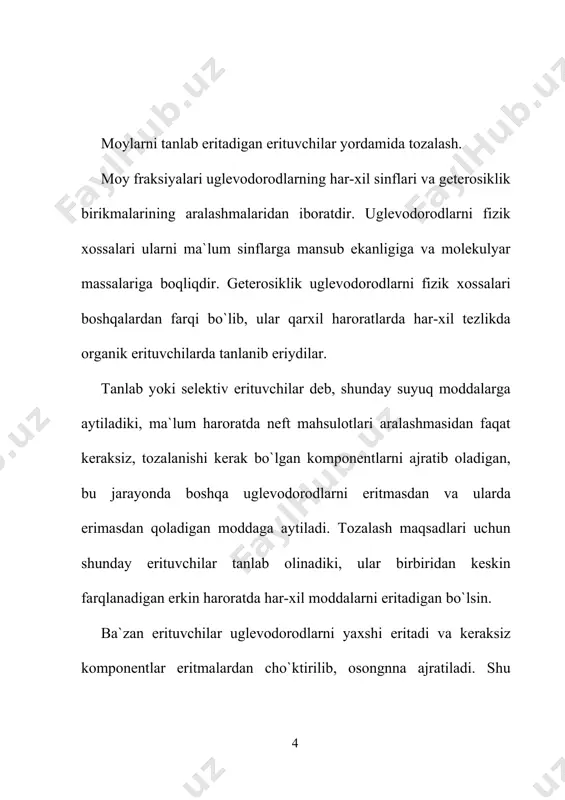 s production, transport, refining and petrochemical industry edition 3.0 oslo, august 2013. р.154 ] erituvchilar quyidagilarga javob berishi kerak: 1. erituvchi katta harorat oraliqida yaqqol ko`rinib turuvchi tanlab eritish xossasiga ega bo`lishi kerak. 2. erituvchi tozalanayotgan mahsulotda erimasligi kerak. 3. erituvchini va boshlanqich xom-ashyoni zichligidagi farqi katta bo`lishi kerak chunki, bunda faza tez ajraladi. 4. erituvchi xom ashyoga nisbatan kimyoviy barqaror, inert, zaharsiz, portlovchi emas va qurilmani korroziyaga uchratmasligi kerak. 5. erituvchi yengil va to`la regeneratsiyalanadigan bo`lishi kerak. buning uchun qaynash harorati moyning qaynash haroratidan past bo`lishi kerak. 2.1. neft moylarini fenol yordamida tozalashning texnologik sxemasi fenolni tanlovchanligi past xisoblansada lekin umumiy erituvchanlik qobiliyati yuqoridir. selektivlikni pastligi natijasida ekstrakt tarkibida moyning qimmatbaqo komponentlarni ham erib qolishi mumkin, deasfal'tizatga esa smola va asfal'tenlar o`tib ketadi. birinchi qodisada moyning % miqdordagi chiqishi kamaysa, ikkinchisida esa deasfal'tizatni sifati pasayadi. erituvchilarning tasnifi. qutbli erituvchilarning tabiati, uning tarkibi va molekulalar strukturasi tozalash jarayonining unumdorligiga ta`sir …